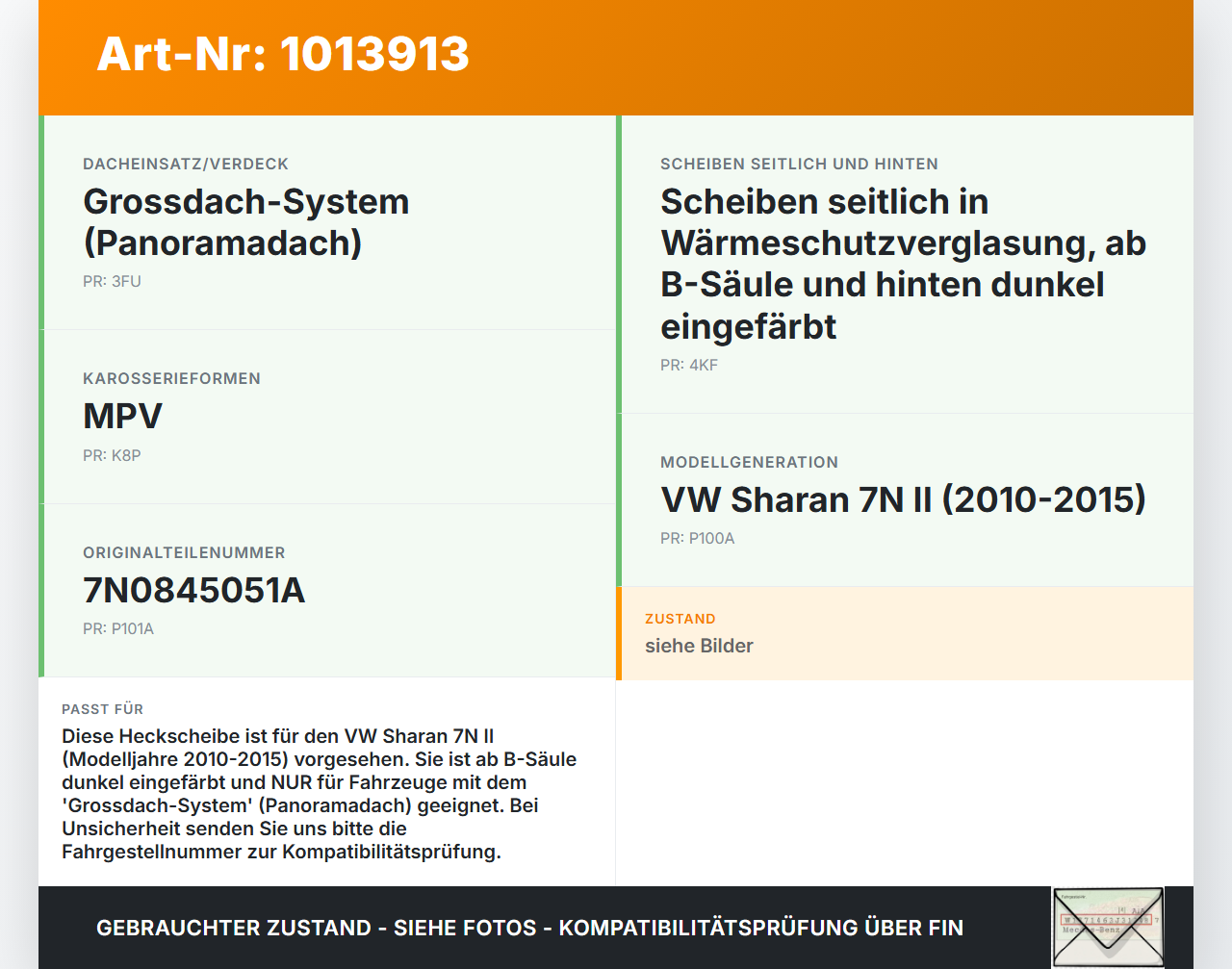 VW Sharan 7N II 10-15 Heckscheibe Rückwand Autoglas VW Sharan 7N II 10-15 19.03.2012 7N0845051A gebraucht Vorschau 3