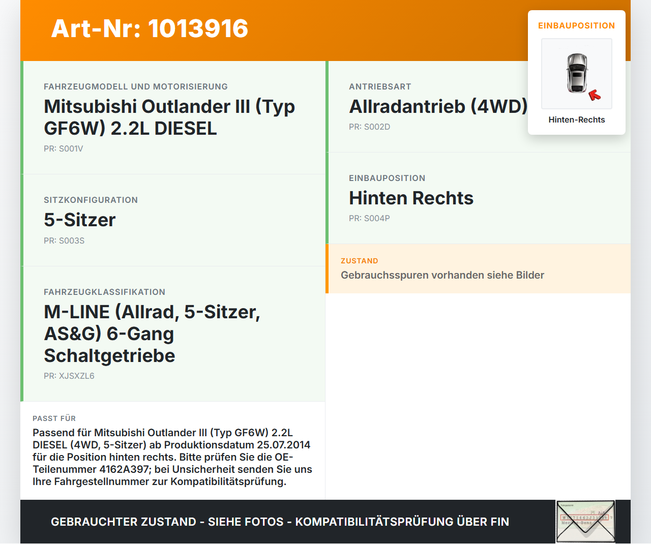 Mitsubishi Outlander III 12-15 Federbein Stossdämpfer Hinten Rechts Mitsubishi Outlander III 12-15 22.09.2015... Vorschau 3