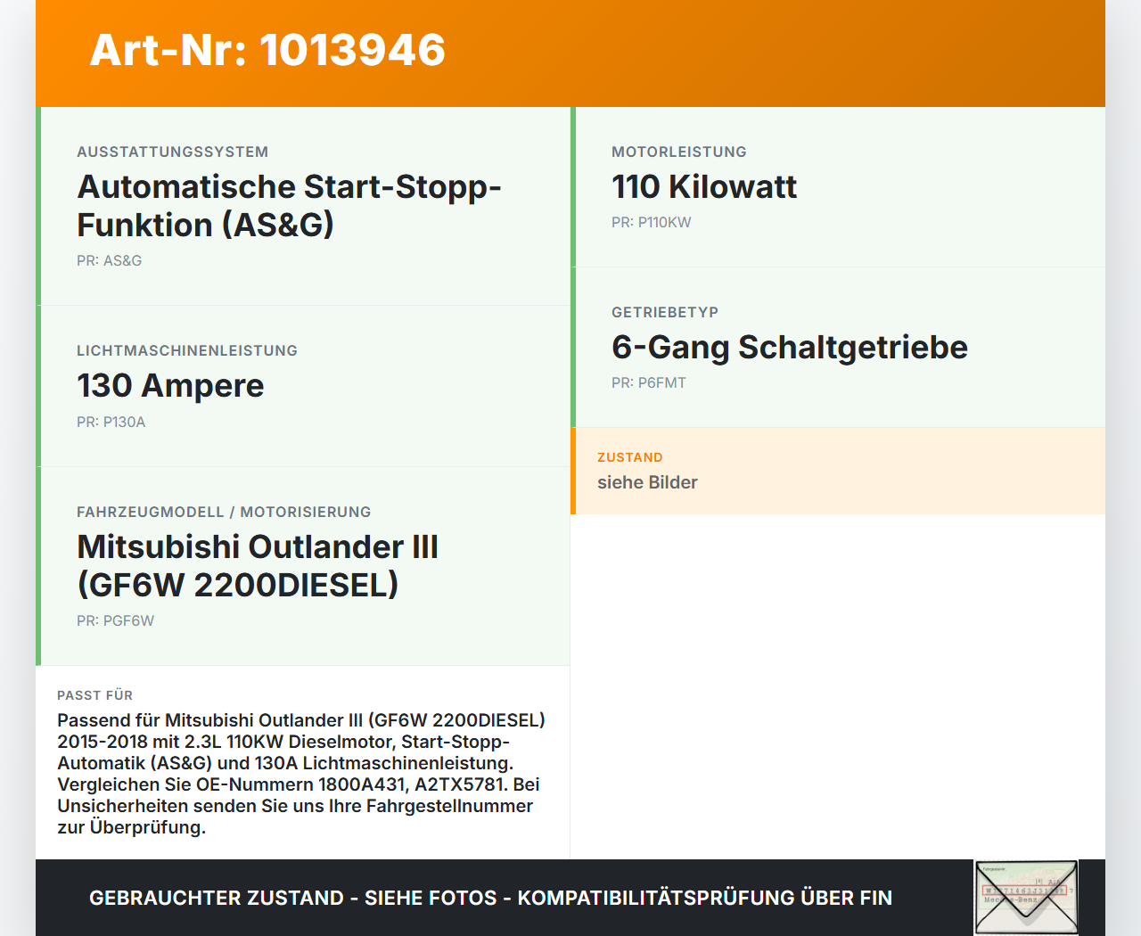 Mitsubishi Outlander III 12-15 2,3 110KW Lichtmaschine Generator 130A Mitsubishi Outlander III 12-15 22.09.2015... Vorschau 3