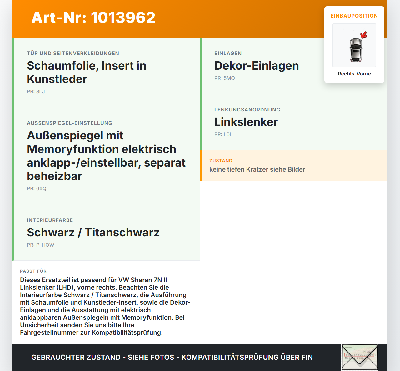 VW Sharan 7N II 10-15 Türverkleidung Türpappe Rechts Vorne VW Sharan 7N II 10-15 19.03.2012 7N1867012A... Vorschau 3
