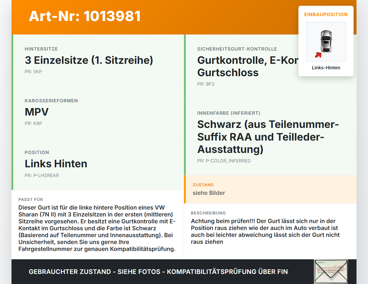 VW Sharan 7N II 10-15 Gurt Sicherheitsgurt Links Hinten VW Sharan 7N II 10-15 19.03.2012 7N0857825RAA gebraucht Vorschau 3