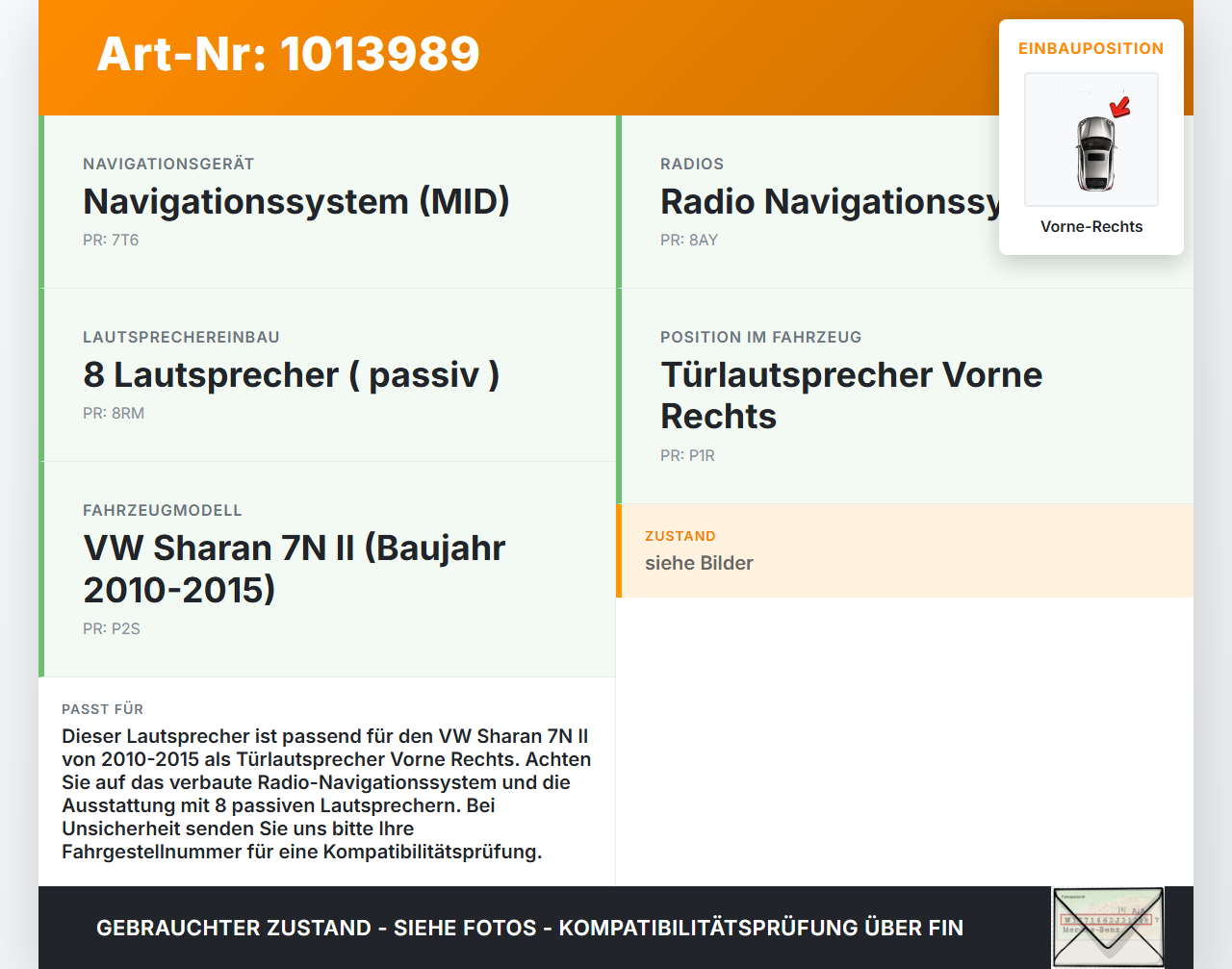 VW Sharan 7N II 10-15 Lautsprecher Türlautsprecher Vorne Rechts VW Sharan 7N II 10-15 19.03.2012 7N0035454A gebraucht Vorschau 3