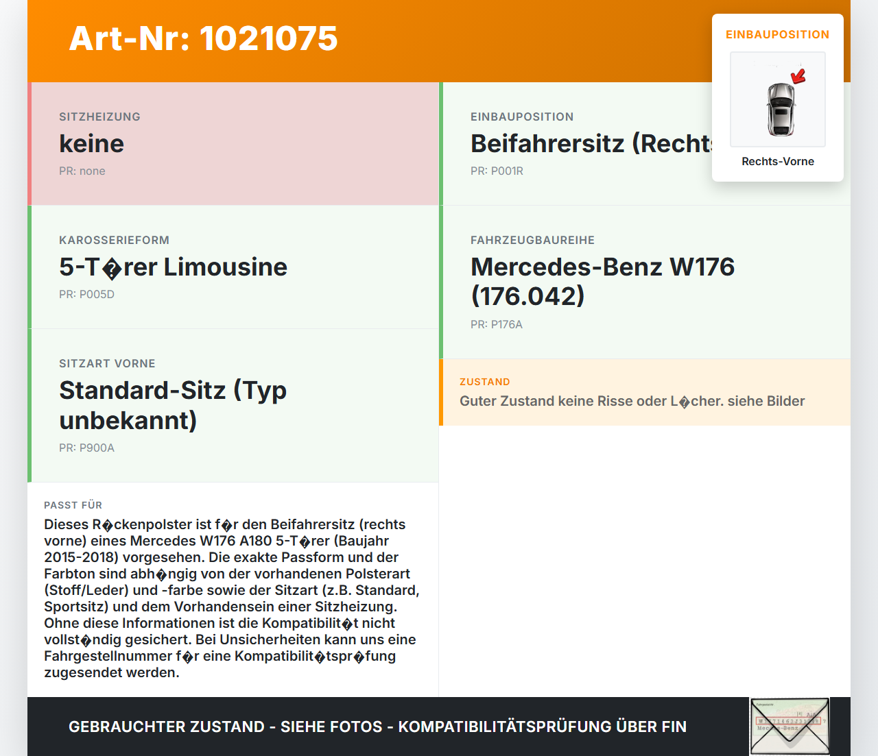 Mercedes W176 A180 15-18 5T Sitzbezug Rückenpolster Rechts Vorne für Beifahrer Sitz Mercedes W176 A180 15-18... Vorschau 3