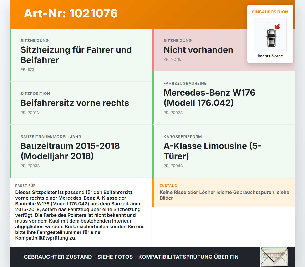 Mercedes W176 A180 15-18 5T Sitzbezug Sitzpolster für Beifahrersitz Rechts Vorne beheizt Mercedes W176 A180 15-18... Vorschau 3