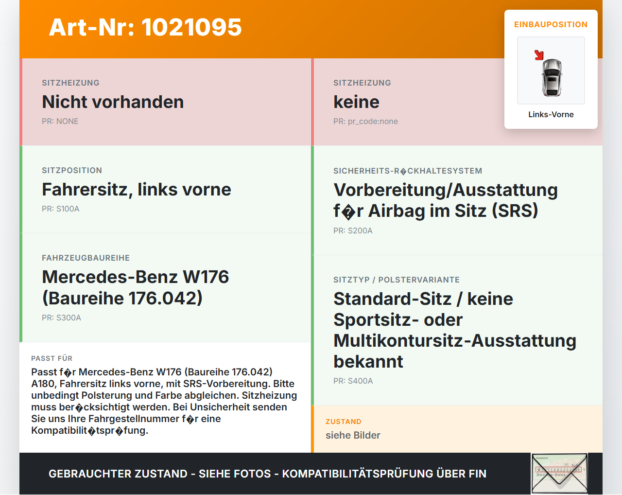 Mercedes W176 A180 15-18 5T Rückenpolster Links Vorne für Fahrer Sitz SRS Mercedes W176 A180 15-18 19.10.2016 gebraucht Vorschau 3