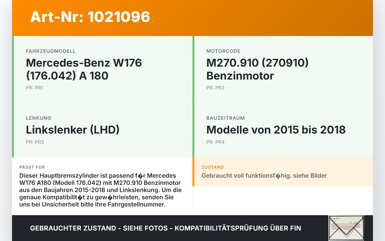 Mercedes W176 A180 15-18 Hauptbremszylinder Bremszylinder Mercedes W176 A180 15-18 19.10.2016 gebraucht Vorschau 3
