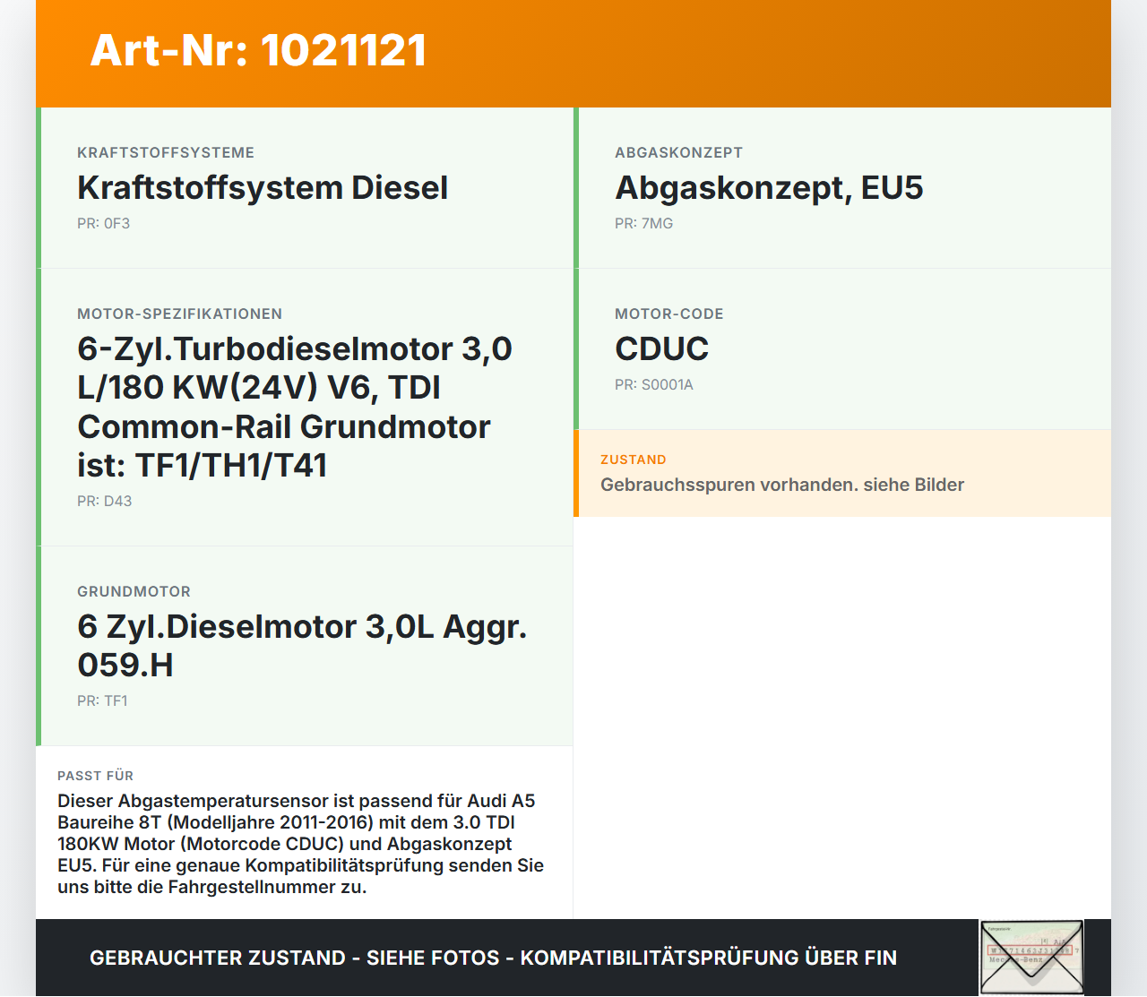 Audi A5 8T 11-16 TDI 3,0 180KW Sensor Abgastemperatursensor Abgassonde Audi A5 8T 11-16 04.04.2013 8K0906088A gebraucht Vorschau 3