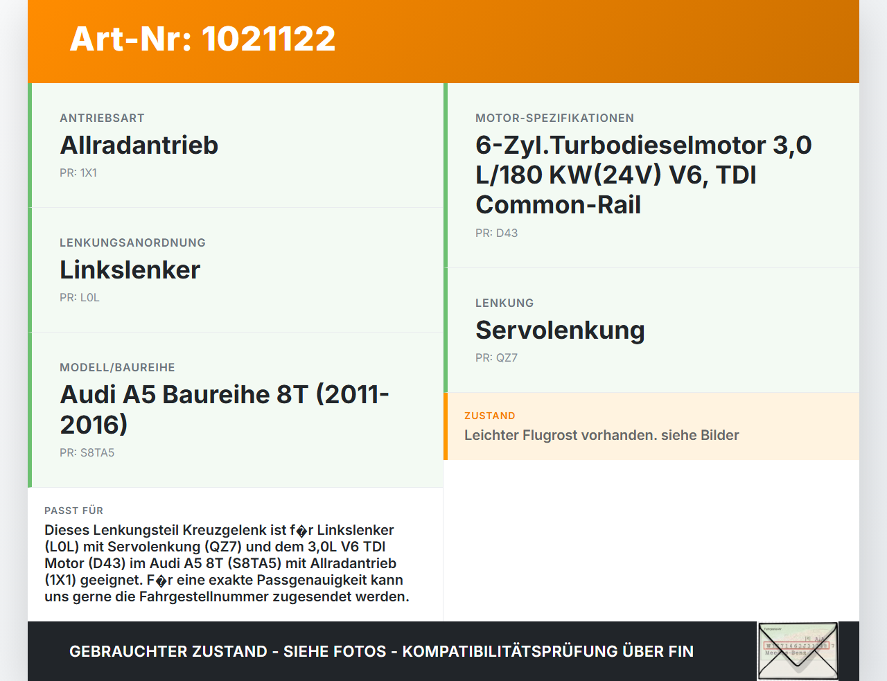 Audi A5 8T 11-16 Lenkungsteil Kreuzgelenk Audi A5 8T 11-16 04.04.2013 8K1419753F 7053.914.127A 8K1419753F01S gebraucht Vorschau 3