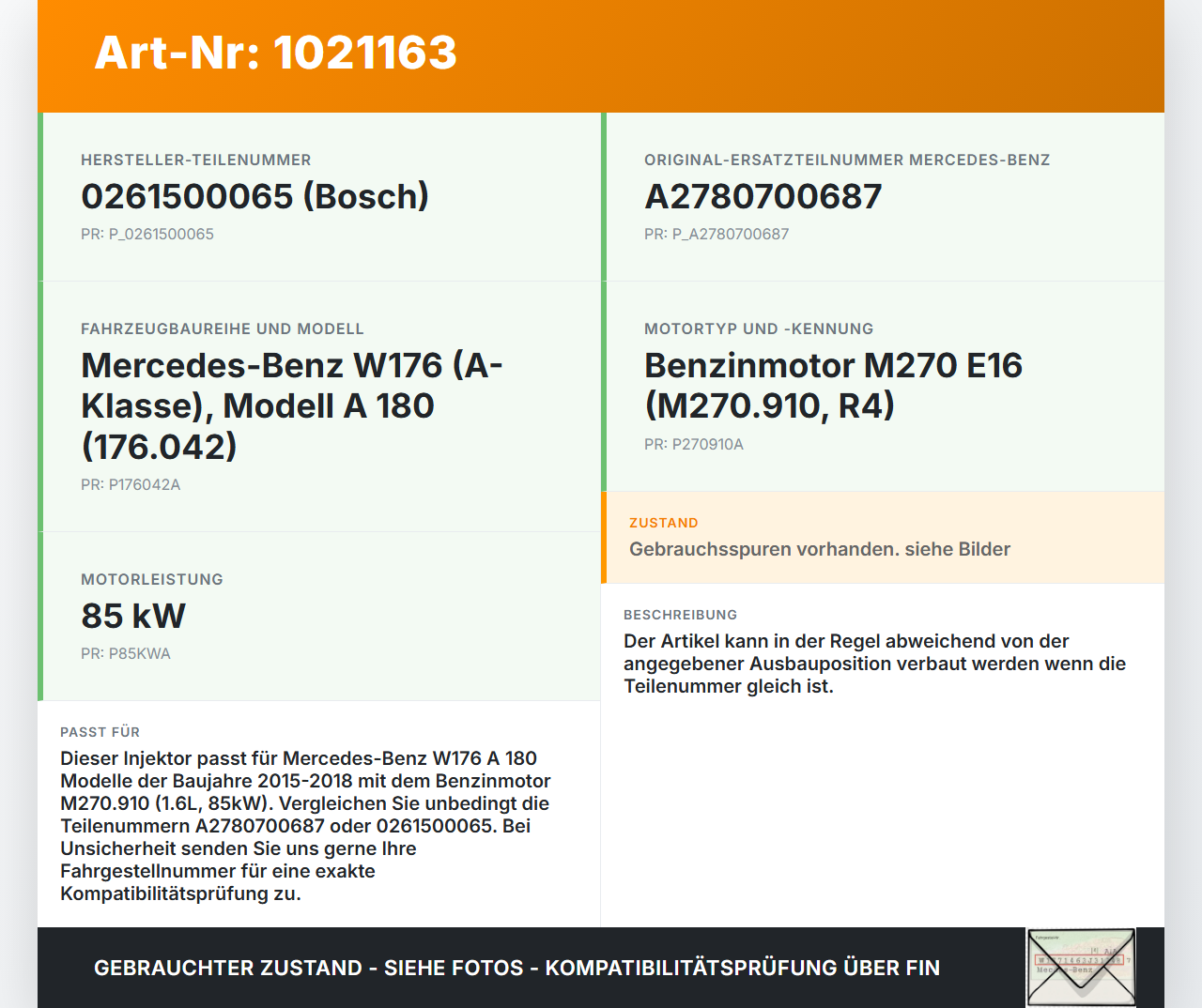 Mercedes W176 A180 15-18 1,6 85KW Injektor Einspritzdüse Pos.1 Mercedes W176 A180 15-18 19.10.2016 A2780700687... Vorschau 3