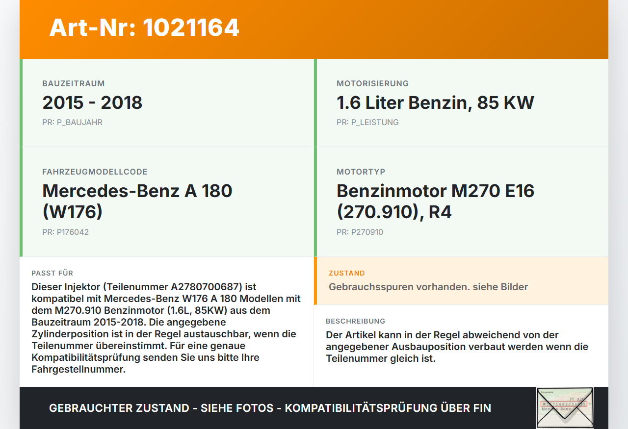 Mercedes W176 A180 15-18 1,6 85KW Injektor Einspritzdüse Zyl.2 Mercedes W176 A180 15-18 19.10.2016 A2780700687 gebraucht Vorschau 3