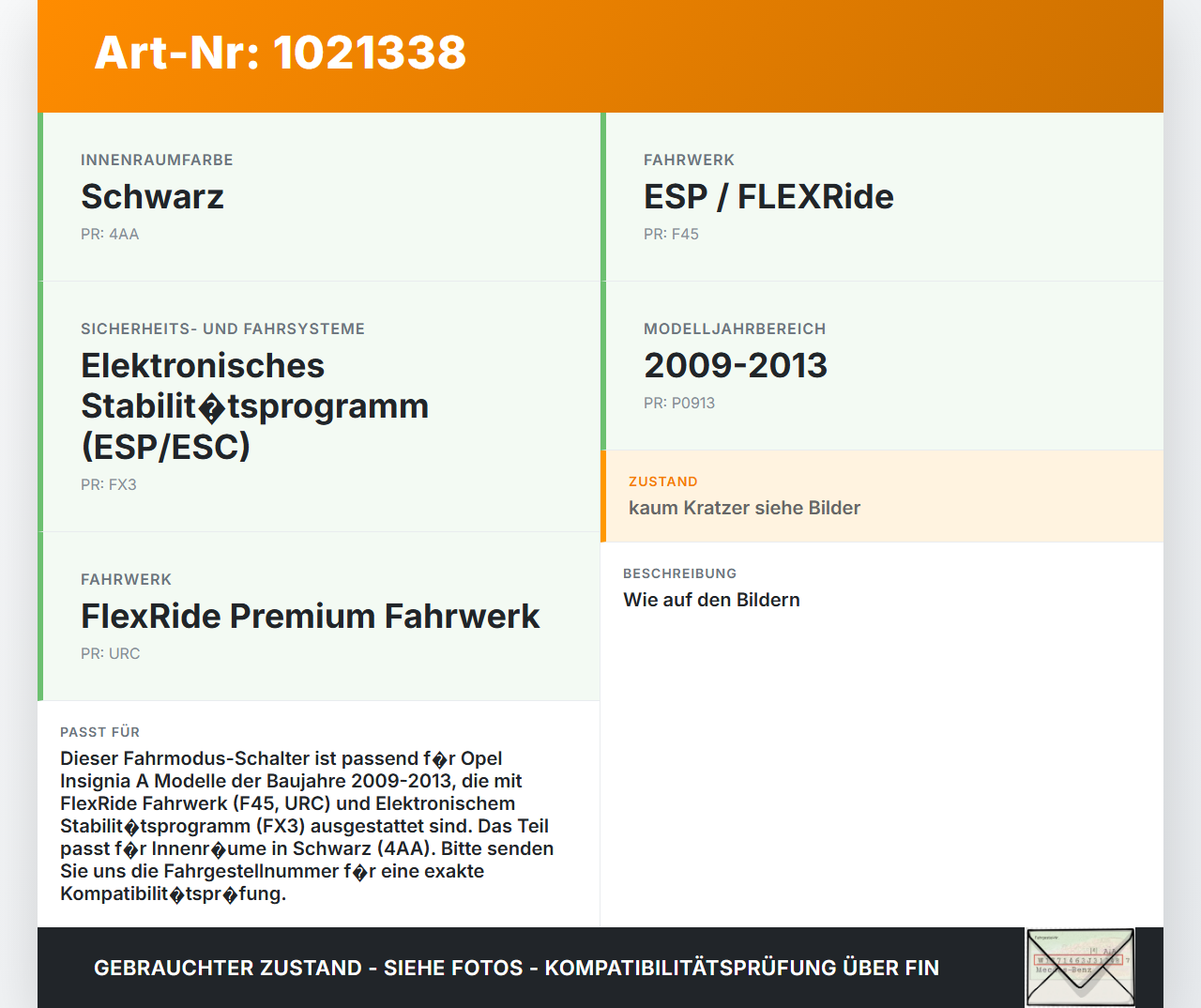 Opel Insignia A G09 09-13 Schalter Fahrmodus Sport Tour ESP Opel Insignia A G09 09-13 05.10.2012 15383319 gebraucht Vorschau 3