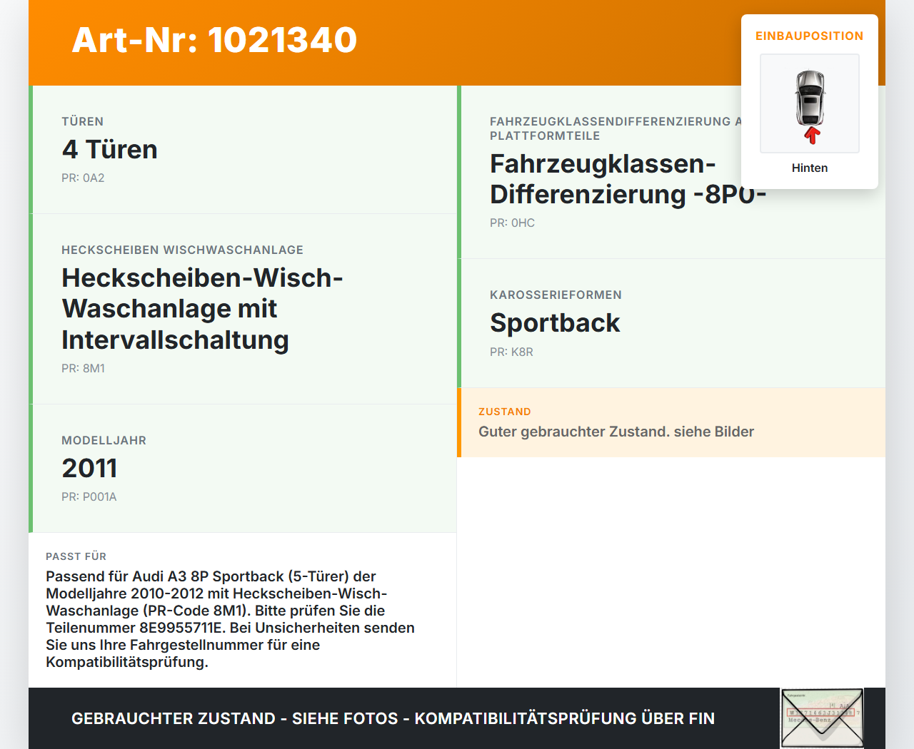 Audi A3 8P QU 10-12 5T Wischermotor Hinten Heckwischermotor Audi A3 8P QU 10-12 31.01.2011 8E9955711E W000003605... Vorschau 3