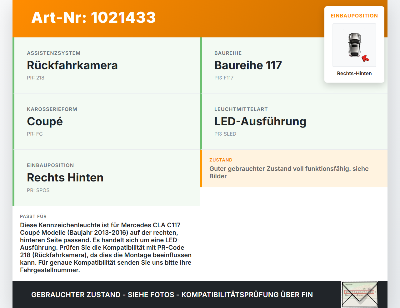 Mercedes CLA 250 C117 13-16 Kennzeichenleuchte Pos.2 Rechts Hinten Mercedes CLA 250 C117 13-16 24.06.2014... Vorschau 3