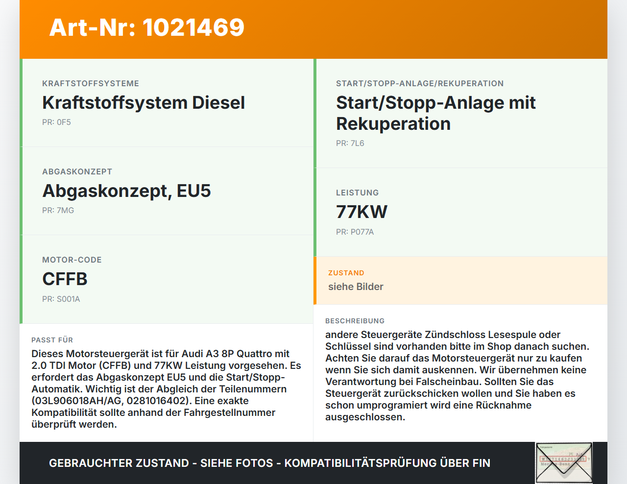 Audi A3 8P QU 10-12 2,0 77KW Motorsteuergerät Diesel Steuergerät ECU Audi A3 8P QU 10-12 31.01.2011 f03L906018AH... Vorschau 3