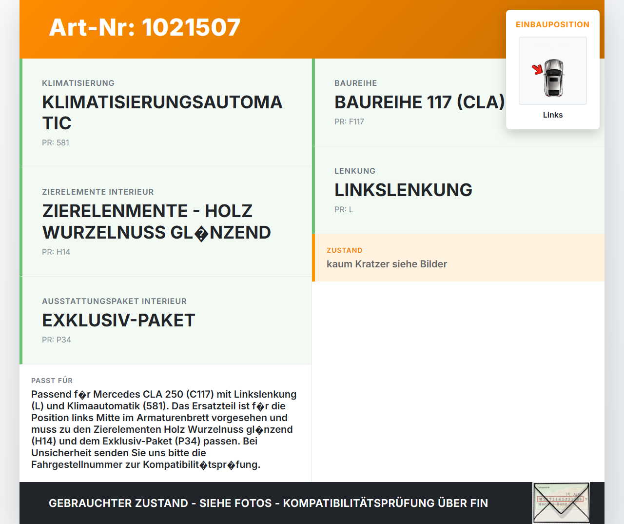 Mercedes CLA 250 C117 13-16 Luftdusche Luftdüse Links Mitte Mercedes CLA 250 C117 13-16 24.06.2014 A1178300354 gebraucht Vorschau 3