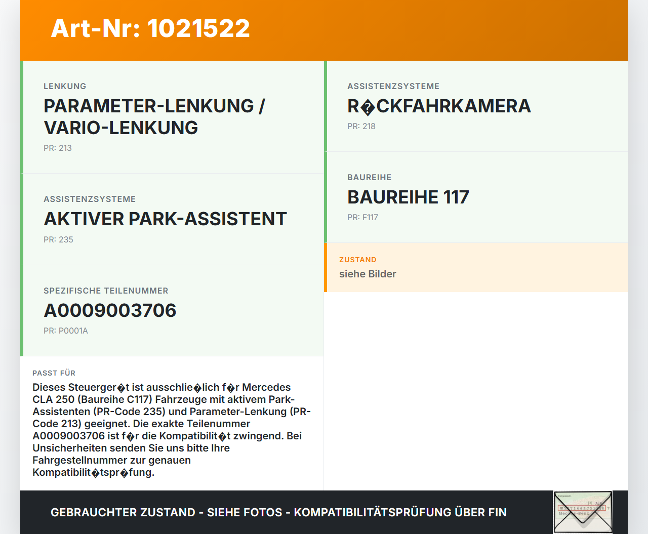 Mercedes CLA 250 C117 13-16 Steuergerät SG Modul PARK Mercedes CLA 250 C117 13-16 24.06.2014 A0009003706 307777... Vorschau 3