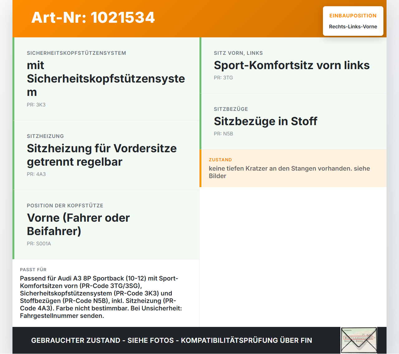Audi A3 8P QU 10-12 Kopfstütze für Fahrer Sitz Rechts oder Links Vorne Audi A3 8P QU 10-12 31.01.2011 8P0881901BC... Vorschau 3