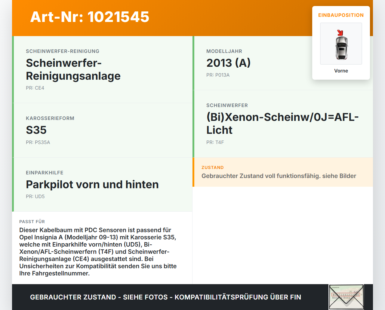 Opel Insignia A G09 09-13 Kabelbaum mit PDC Sensoren Einparkhilfe Vorne Opel Insignia A G09 09-13 05.10.2012... Vorschau 3