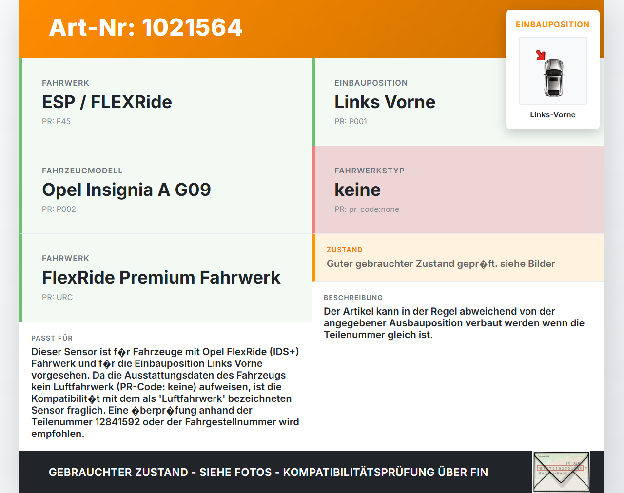Opel Insignia A G09 09-13 Sensor IDS+ Luftfahrwerk Links Vorne Opel Insignia A G09 09-13 05.10.2012 12841592... Vorschau 3