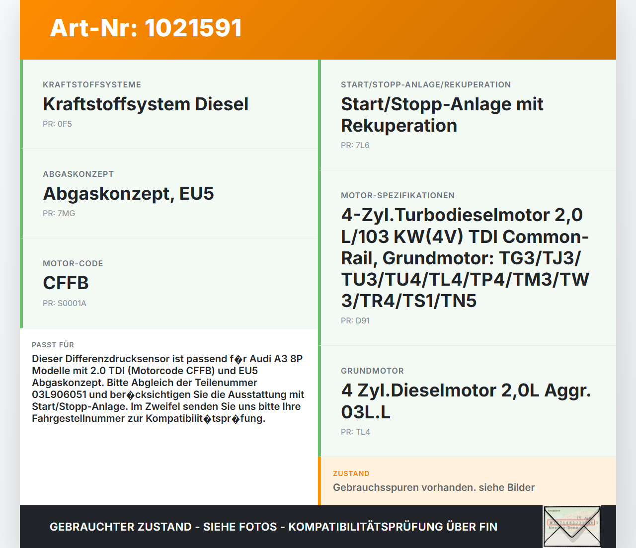 Audi A3 8P QU 10-12 2,0 77KW Sensor Differenzdrucksensor Audi A3 8P QU 10-12 31.01.2011 03L906051 55PP26-02 gebraucht Vorschau 3