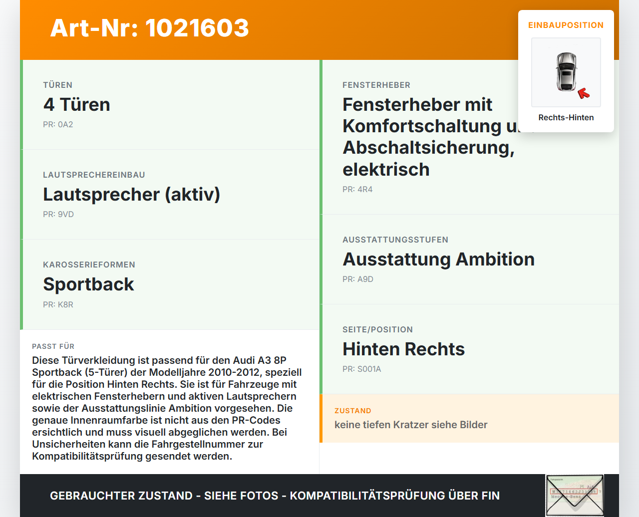 Audi A3 8P QU 10-12 5T Türverkleidung Türpappe Rechts Hinten Audi A3 8P QU 10-12 31.01.2011 8P4867304P gebraucht Vorschau 3