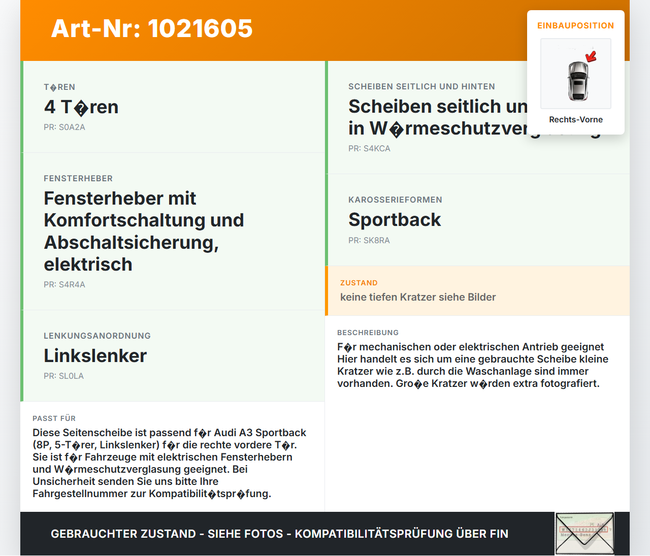 Audi A3 8P QU 10-12 5T RVK Seitenscheibe Tür Türscheibe Rechts Vorne Audi A3 8P QU 10-12 31.01.2011 8P4845202B gebraucht Vorschau 3