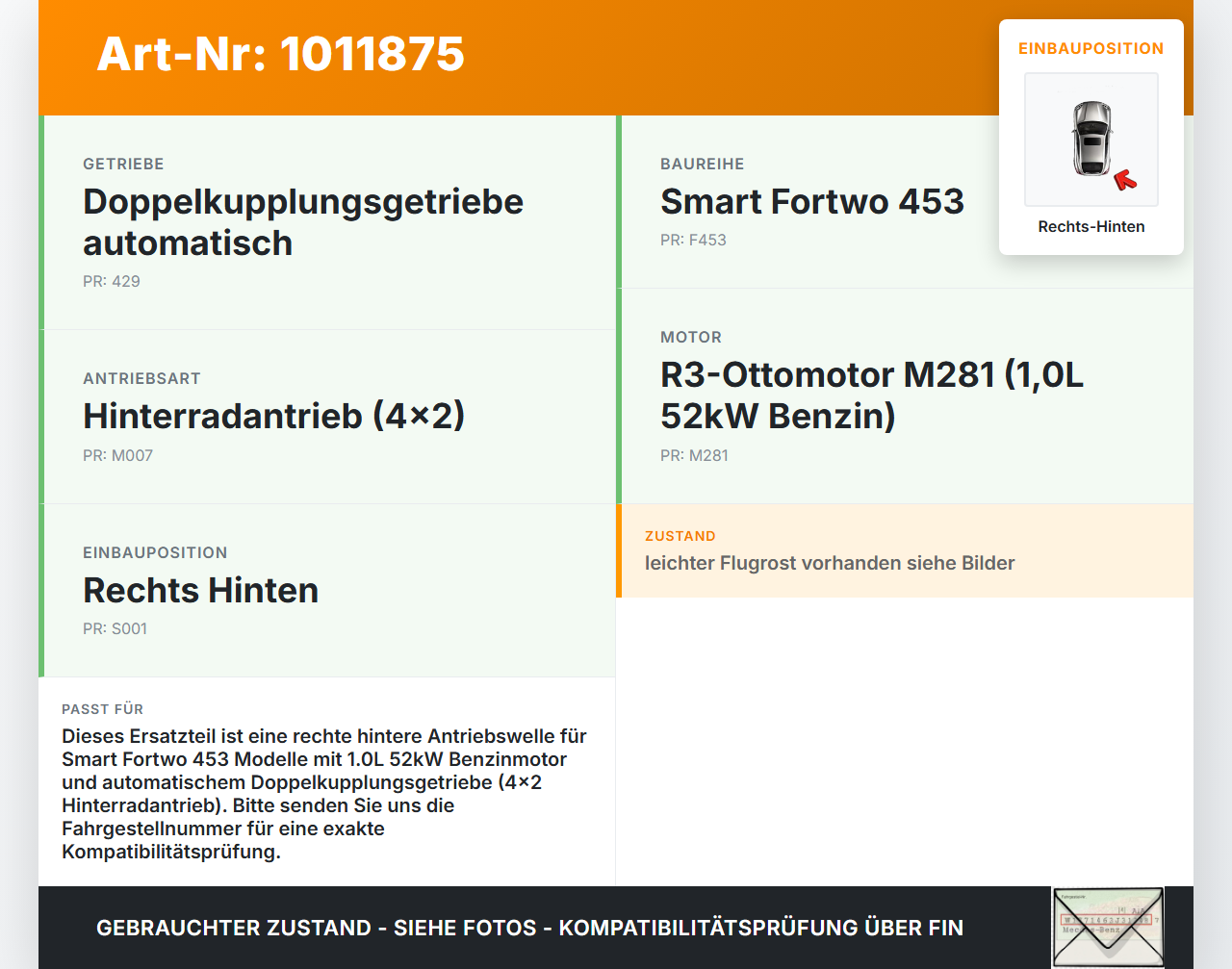 Smart Fortwo 453 14-24 1,0 52KW Autom Antriebswelle Gelenkwelle Rechts Hinten Smart Fortwo 453 14-24 28.03.2017... Vorschau 3