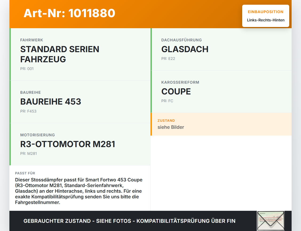 Smart Fortwo 453 14-24 Coupe Stossdämpfer Links und Rechts Hinten Smart Fortwo 453 14-24 28.03.2017 A4533260500... Vorschau 3