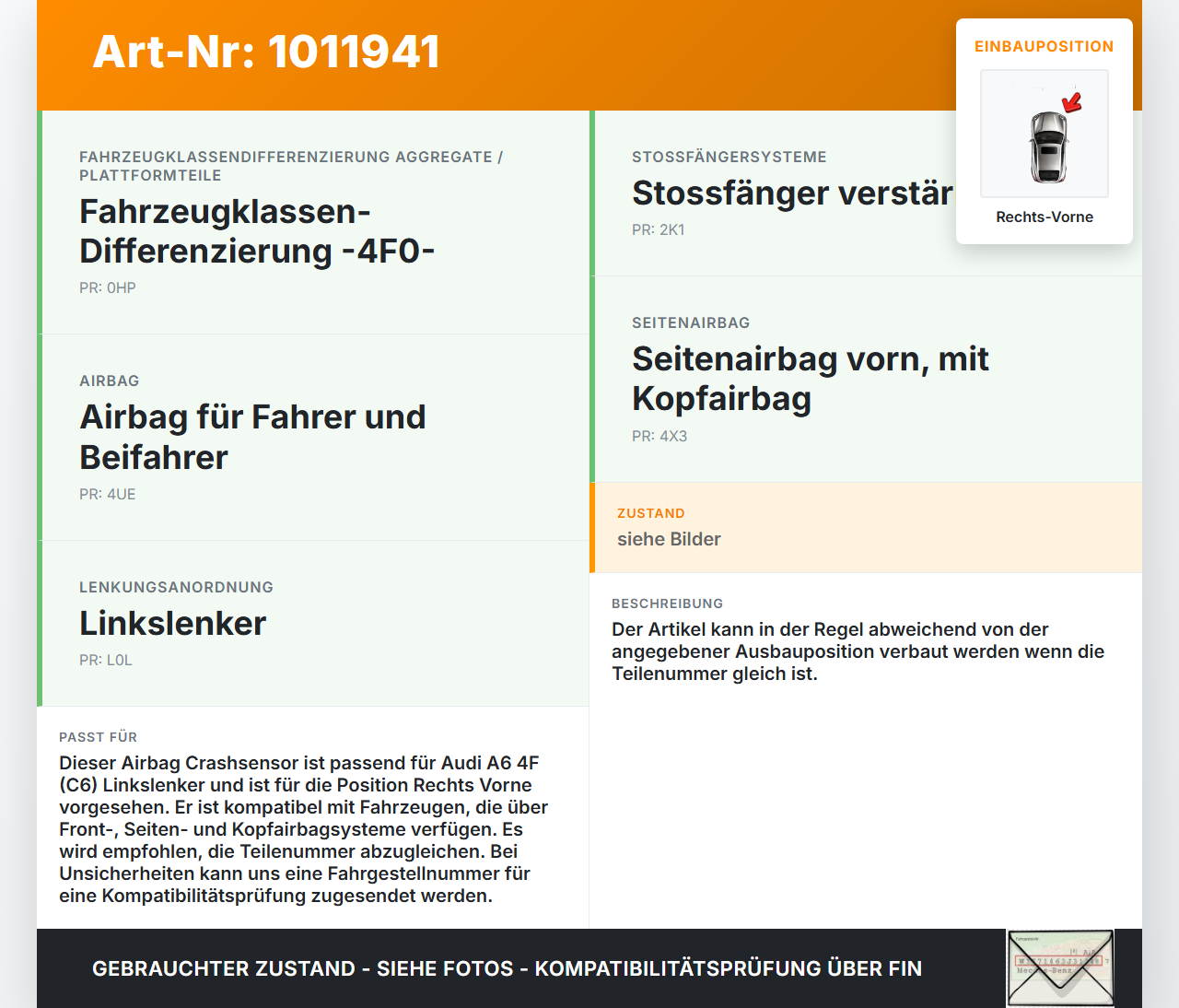 Audi A6 4F C6 qu 04-08 Sensor Airbag Crashsensor Airbagsensor Rechts Vorne Audi A6 4F C6 qu 04-08 05.04.2006... Vorschau 3