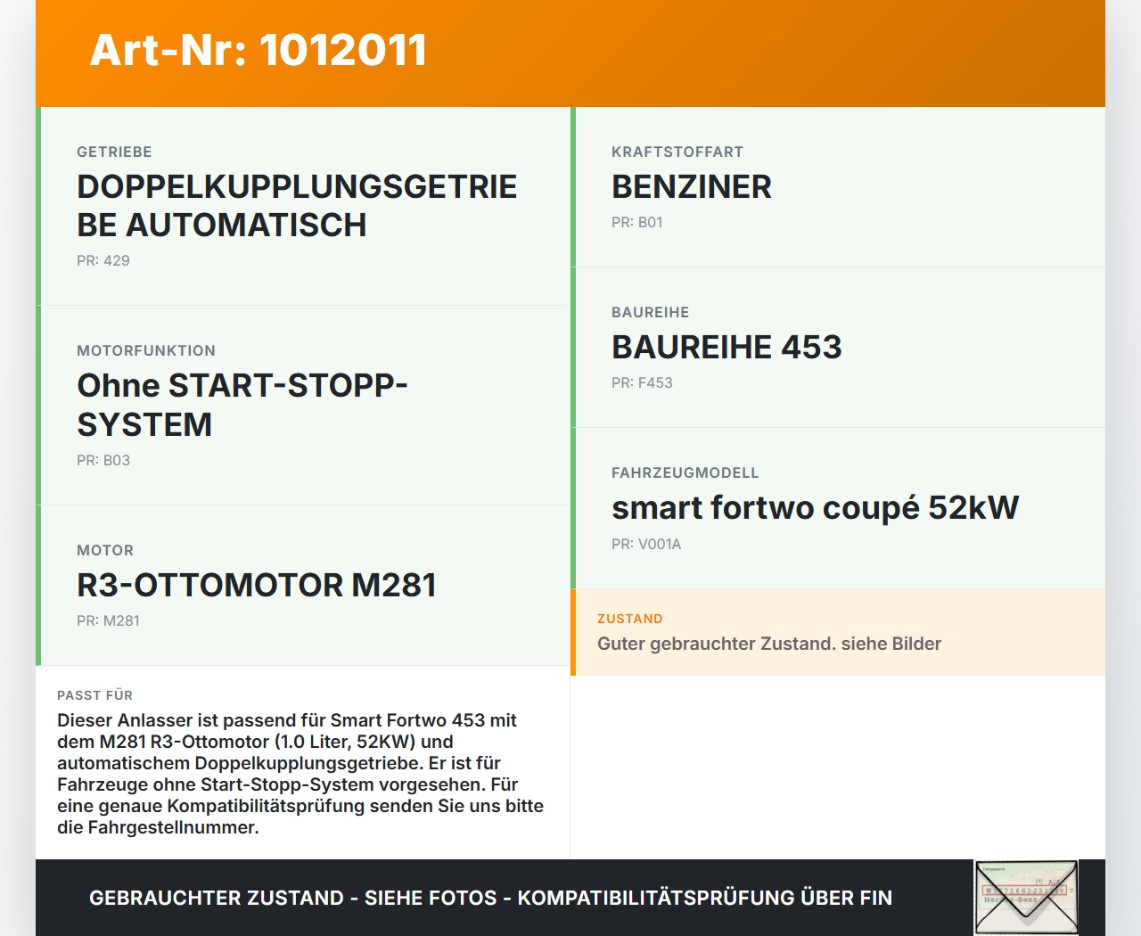 Smart Fortwo 453 14-24 1,0 52KW Autom Anlasser Starter ZP16 Smart Fortwo 453 14-24 28.03.2017 A4539067500... Vorschau 3