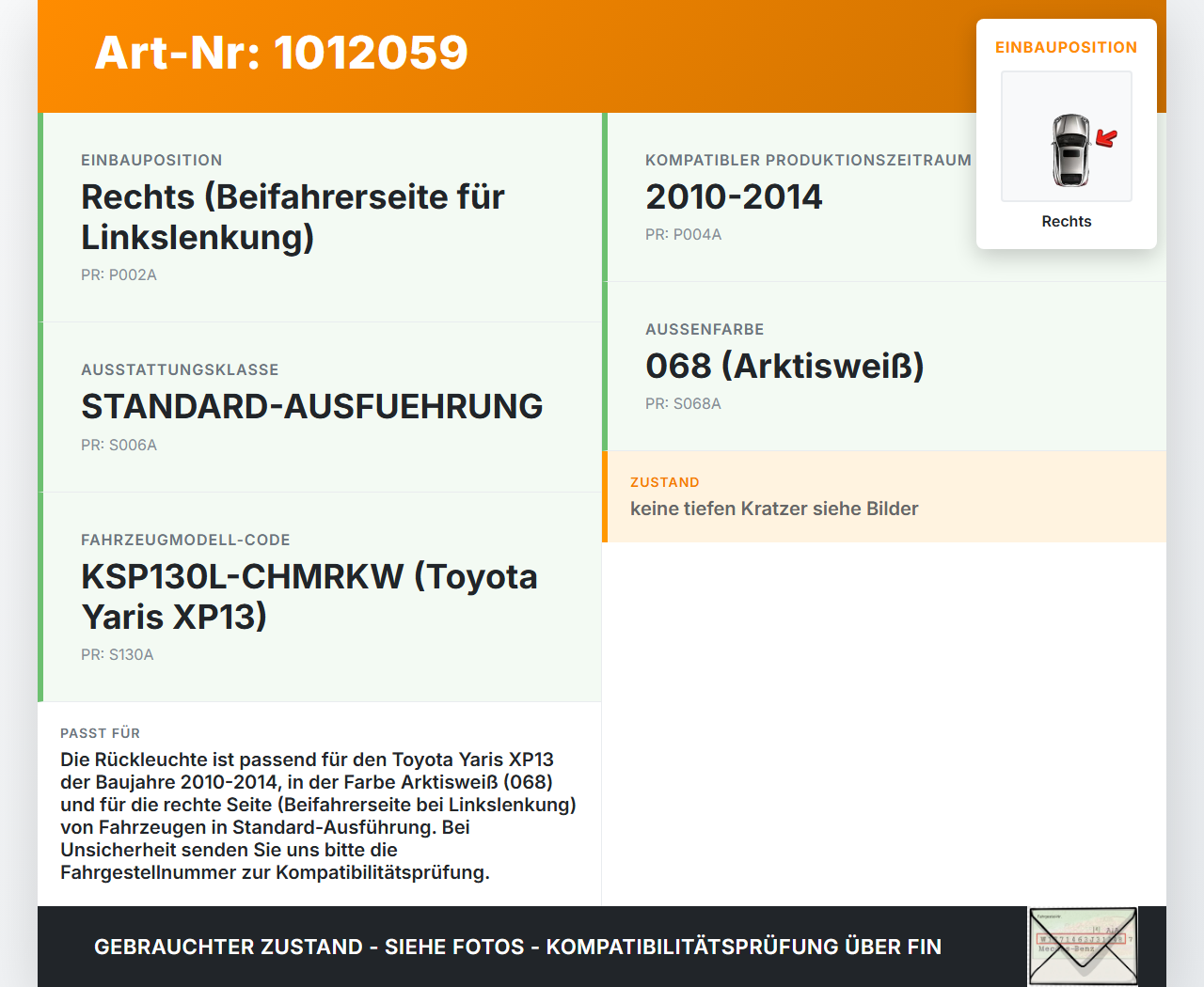 Toyota Yaris XP13 10-14 5T Rückleuchte Rücklicht Heckleuchte Rechts orig Toyota Yaris XP13 10-14 15.05.2012 gebraucht Vorschau 3