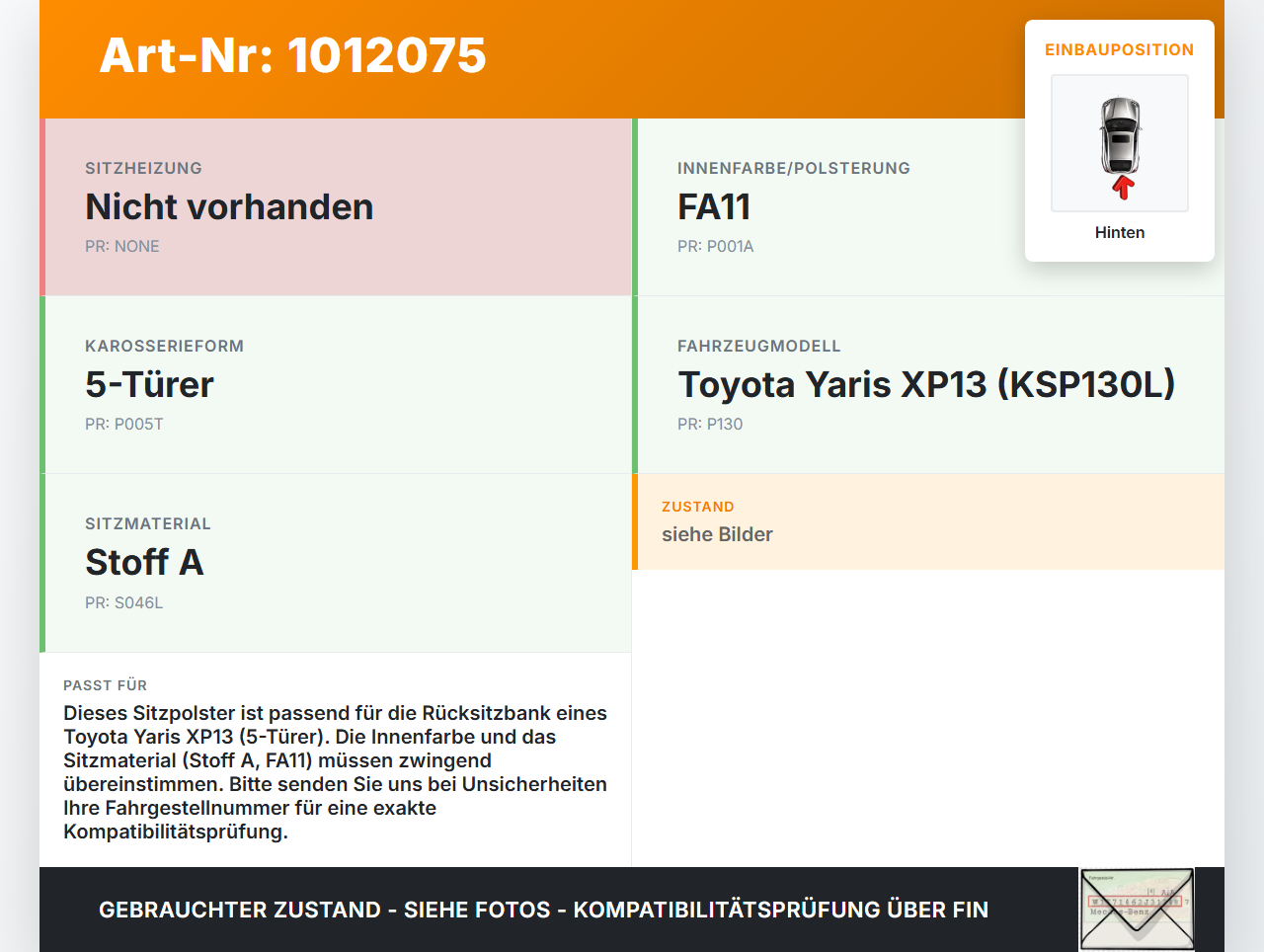 Toyota Yaris XP13 10-14 5T Sitzbezug Sitzpolster für Rücksitzbank Hinten Toyota Yaris XP13 10-14 15.05.2012 gebraucht Vorschau 3