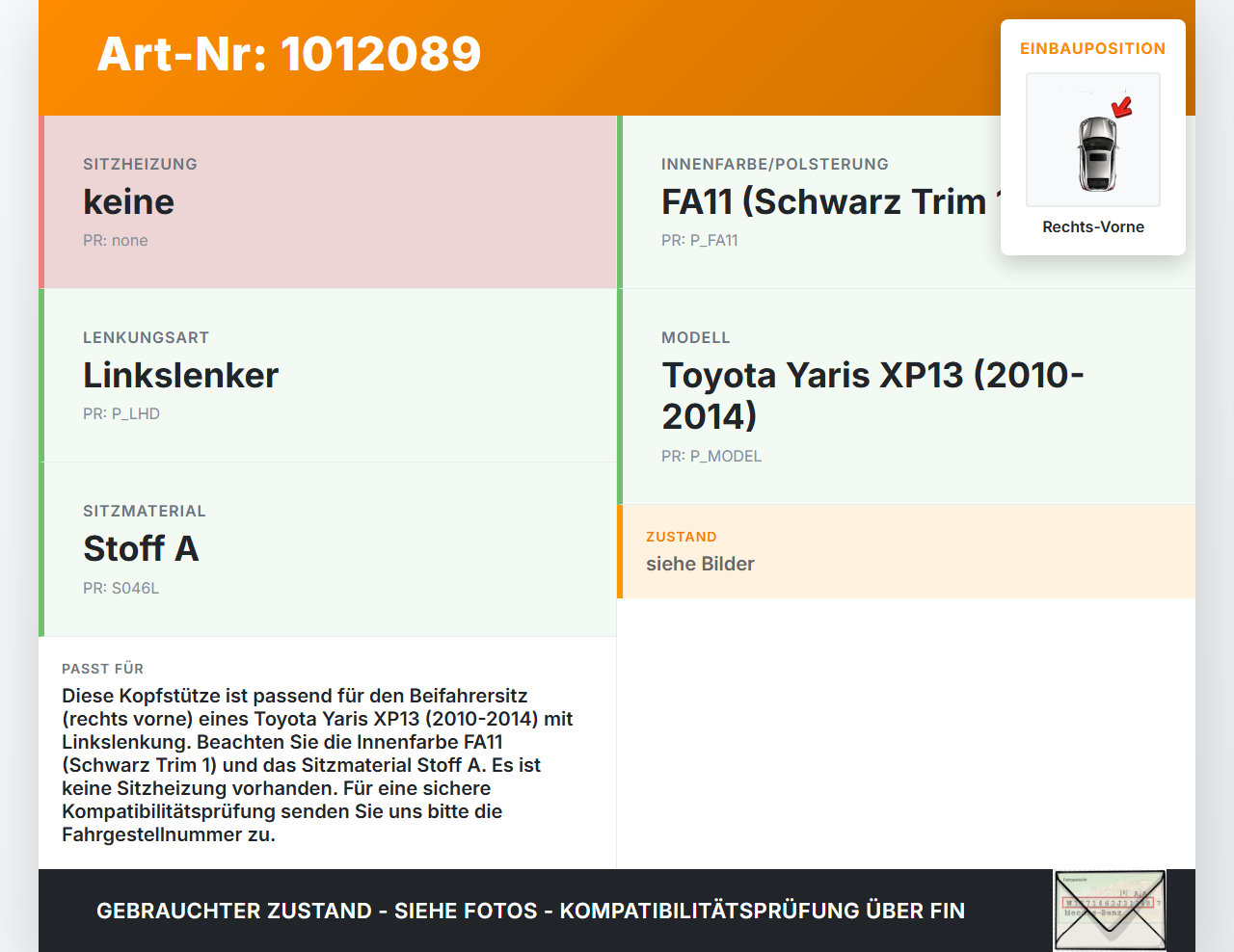 Toyota Yaris XP13 10-14 5T Kopfstütze für Beifahrer Sitz Rechts Vorne Schwarz Trim 1 Toyota Yaris XP13 10-14... Vorschau 3