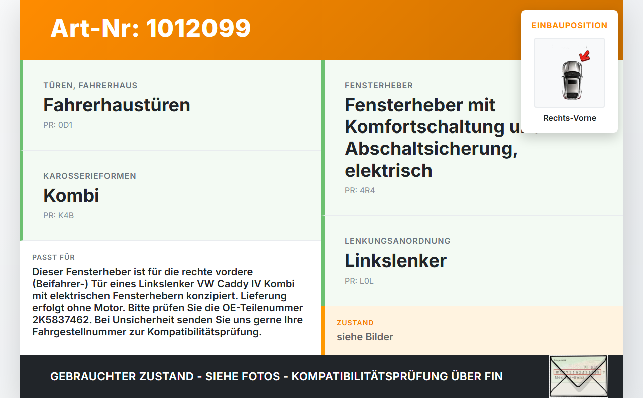 VW Caddy SA IV 15-20 Kombi Fensterheber o. FH-Motor Rechts Vorne VW Caddy SA IV 15-20 11.04.2019 2K5837462 gebraucht Vorschau 3