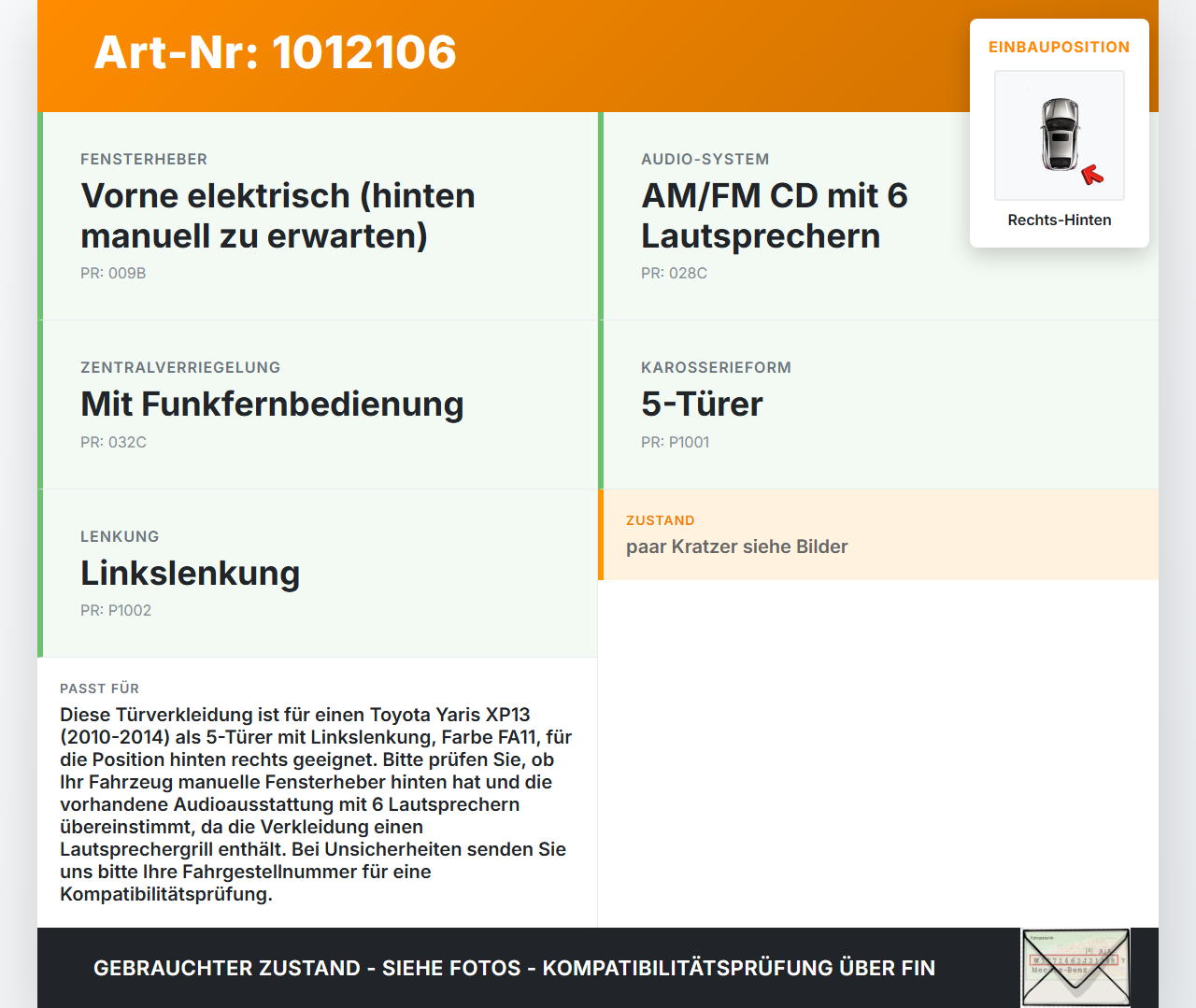 Toyota Yaris XP13 10-14 5T Türverkleidung Türpappe Rechts Hinten Toyota Yaris XP13 10-14 15.05.2012 gebraucht Vorschau 3