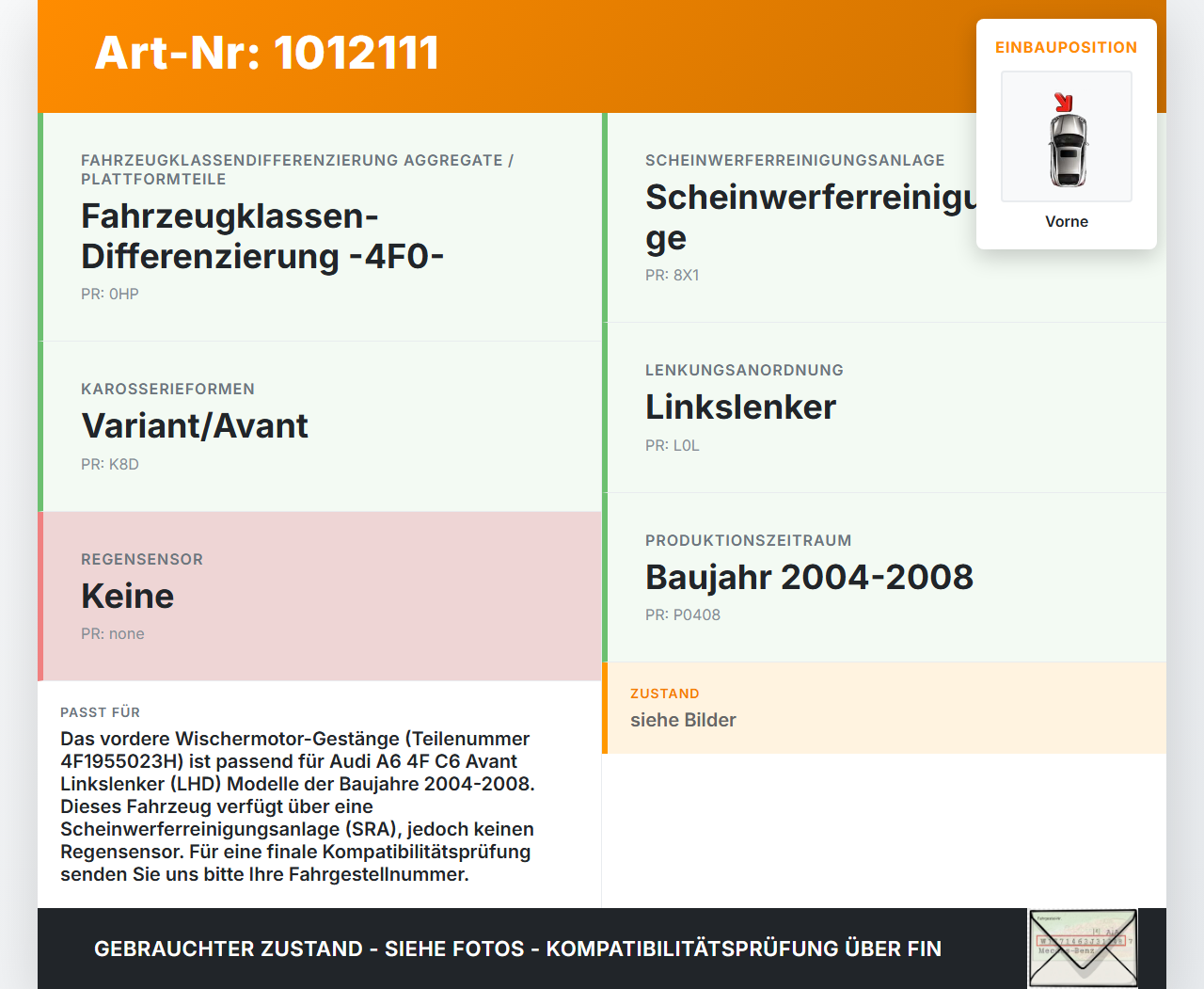 Audi A6 4F C6 qu 04-08 Gestänge und Wischermotor Vorne Audi A6 4F C6 qu 04-08 05.04.2006 4F1955119C 3397020880... Vorschau 3