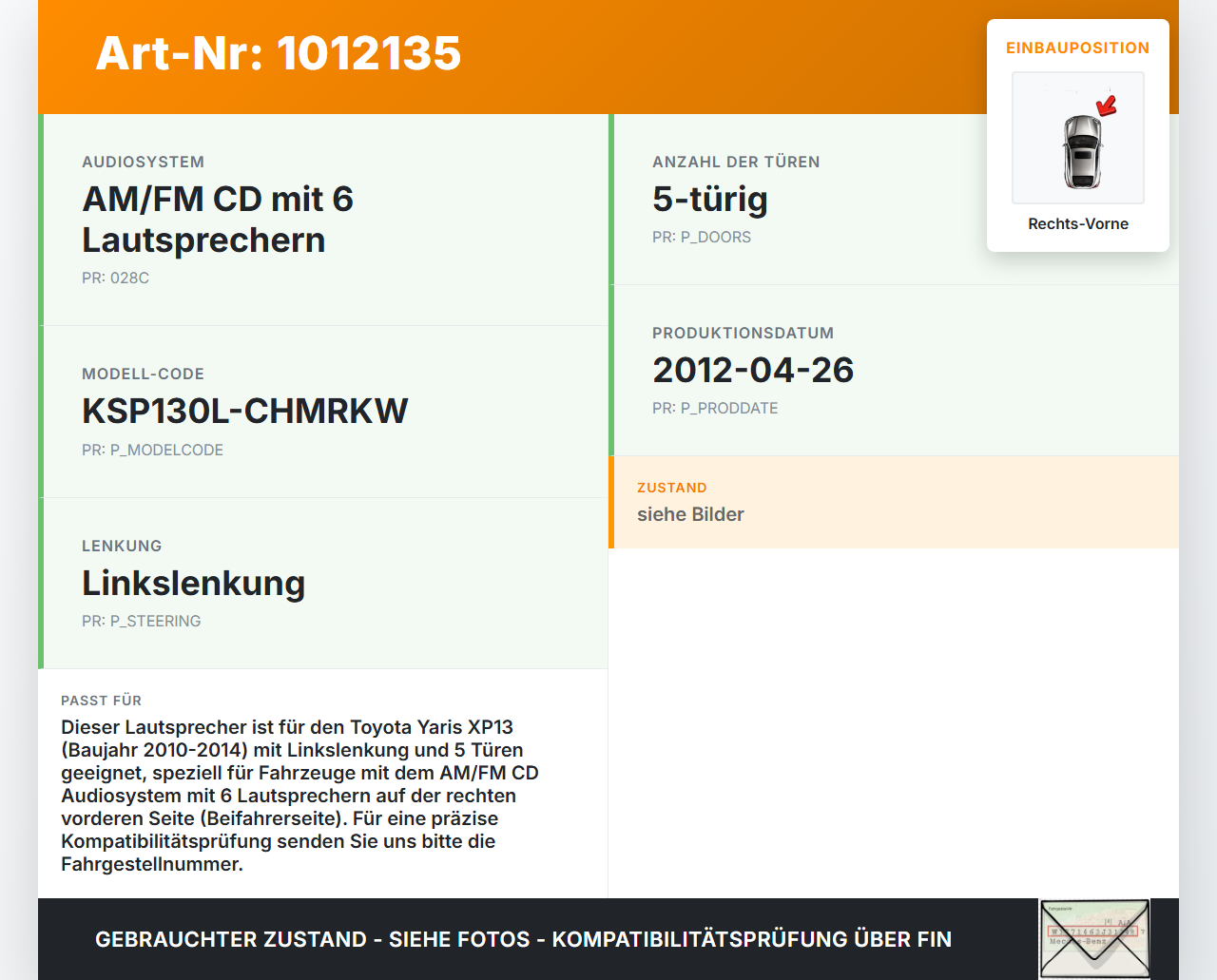 Toyota Yaris XP13 10-14 Lautsprecher Rechts Vorne Toyota Yaris XP13 10-14 15.05.2012 861600D370 gebraucht Vorschau 3