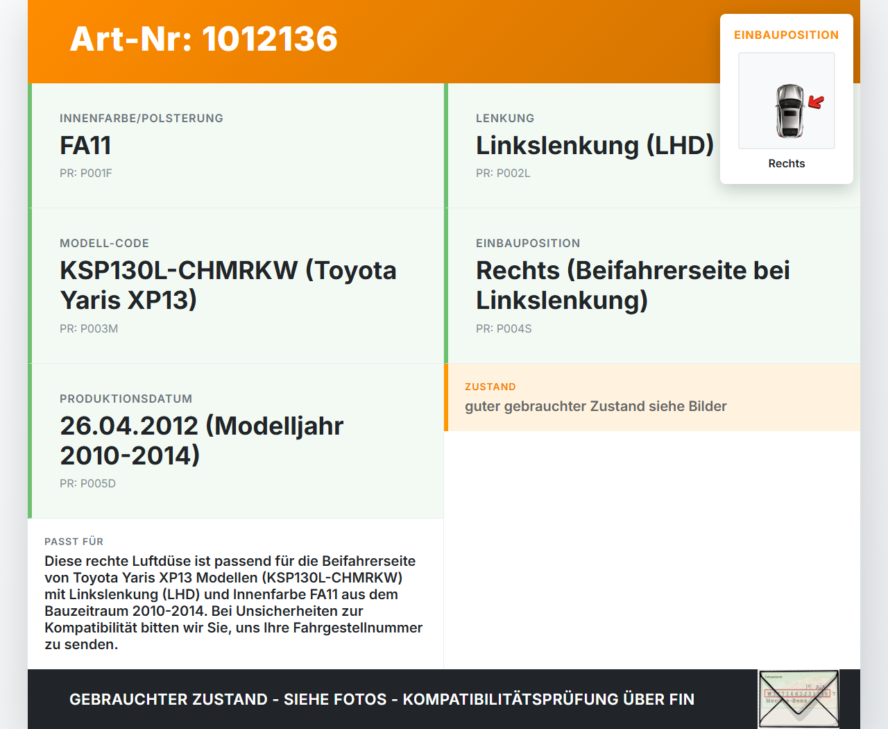 Toyota Yaris XP13 10-14 Luftdusche Luftdüse Rechts Toyota Yaris XP13 10-14 15.05.2012 gebraucht Vorschau 3