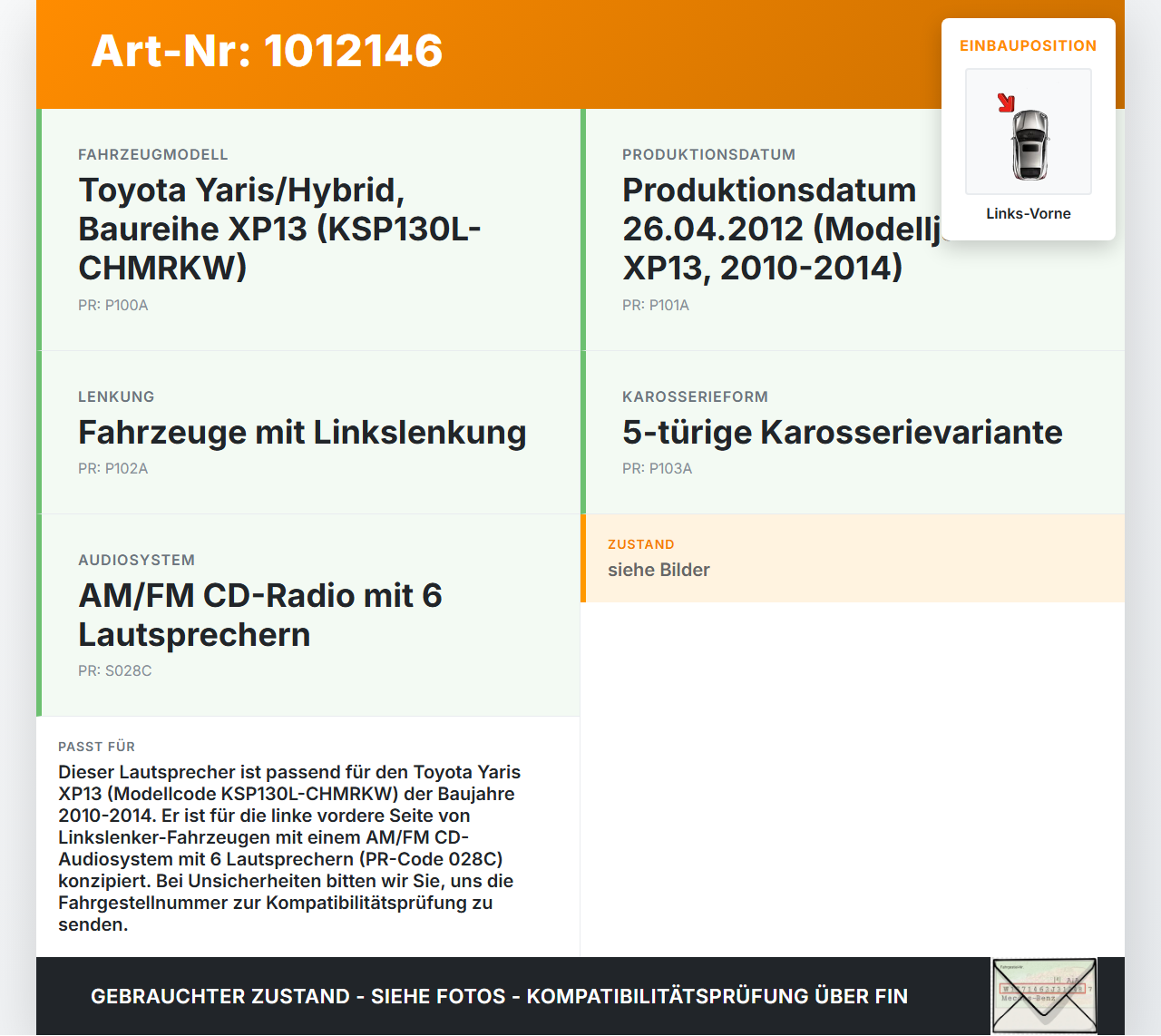 Toyota Yaris XP13 10-14 Lautsprecher Links Vorne Toyota Yaris XP13 10-14 15.05.2012 861600D350 gebraucht Vorschau 3