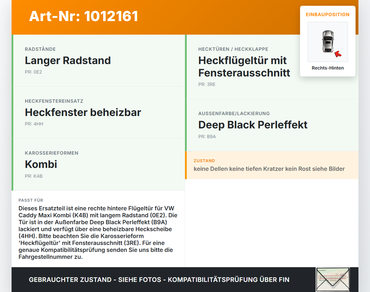 VW Caddy SA IV 15-20 Kombi Tür Flügeltür Hecktür Rechts Hinten LB9A VW Caddy SA IV 15-20 11.04.2019 2K0827092G gebraucht Vorschau 3