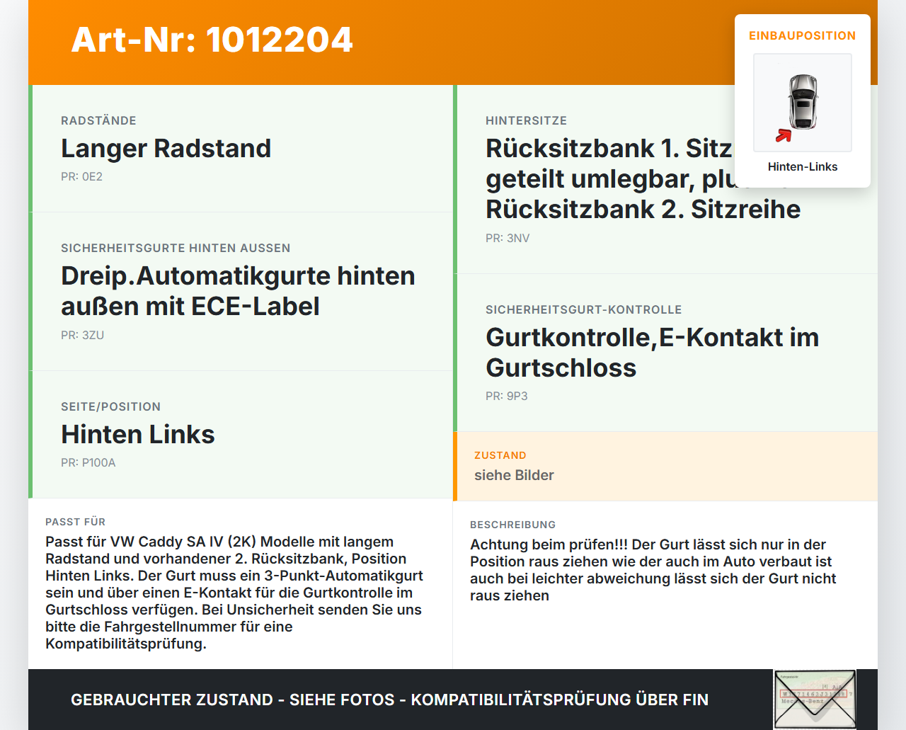 VW Caddy SA IV 15-20 Kombi Sicherheitsgurt Gurt Anschnallgurt Hinten Links VW Caddy SA IV 15-20 11.04.2019... Vorschau 3