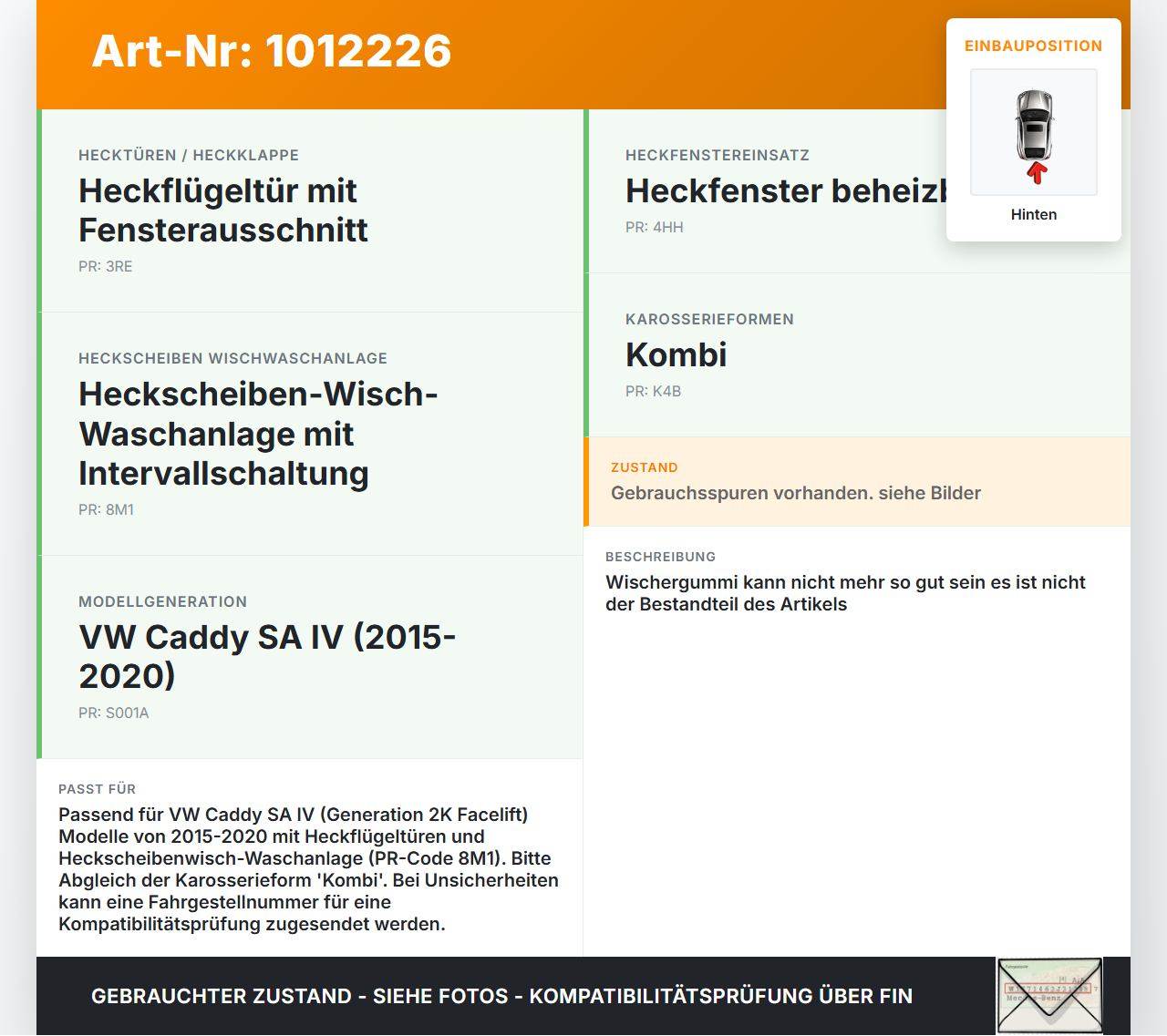 VW Caddy SA IV 15-20 Kombi Heckwischer Scheibenwischer Hinten Wischarm VW Caddy SA IV 15-20 11.04.2019 2K5955708... Vorschau 3