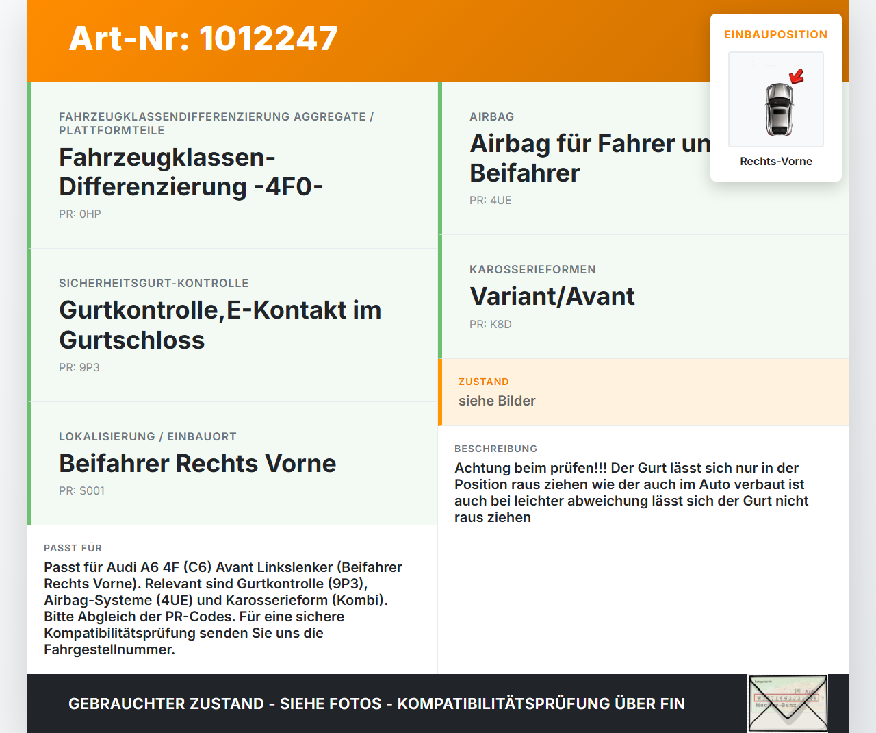 Audi A6 4F C6 qu 04-08 Kombi Gurt Sicherheitsgurt Gurtstraffer Beifahrer Rechts Vorne Audi A6 4F C6 qu 04-08... Vorschau 3