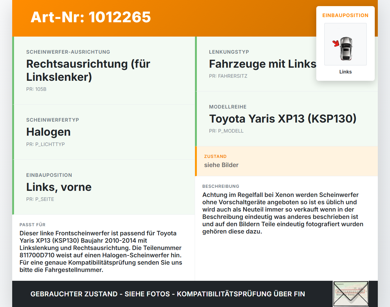 Toyota Yaris XP13 10-14 Scheinwerfer Frontscheinwerfer Links Toyota Yaris XP13 10-14 15.05.2012 811700D710 gebraucht Vorschau 3