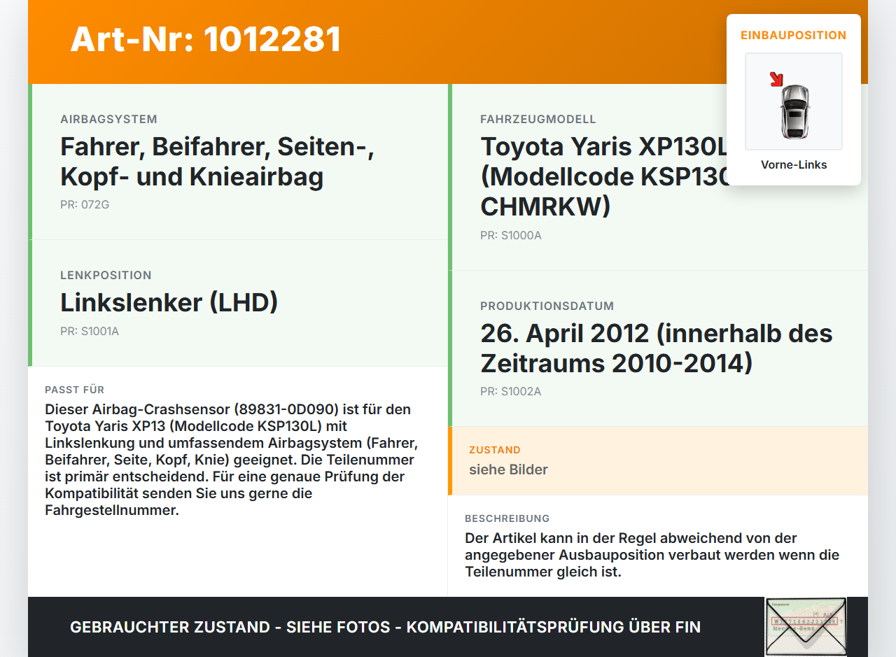 Toyota Yaris XP13 10-14 Airbagsensor Crashsensor Sensor Vorne Links Toyota Yaris XP13 10-14 15.05.2012 898310D090... Vorschau 3