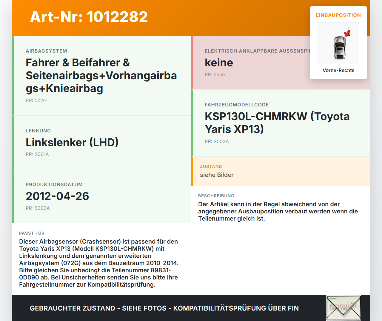 Toyota Yaris XP13 10-14 Airbagsensor Crashsensor Sensor Vorne Rechts Toyota Yaris XP13 10-14 15.05.2012 898310D090... Vorschau 3
