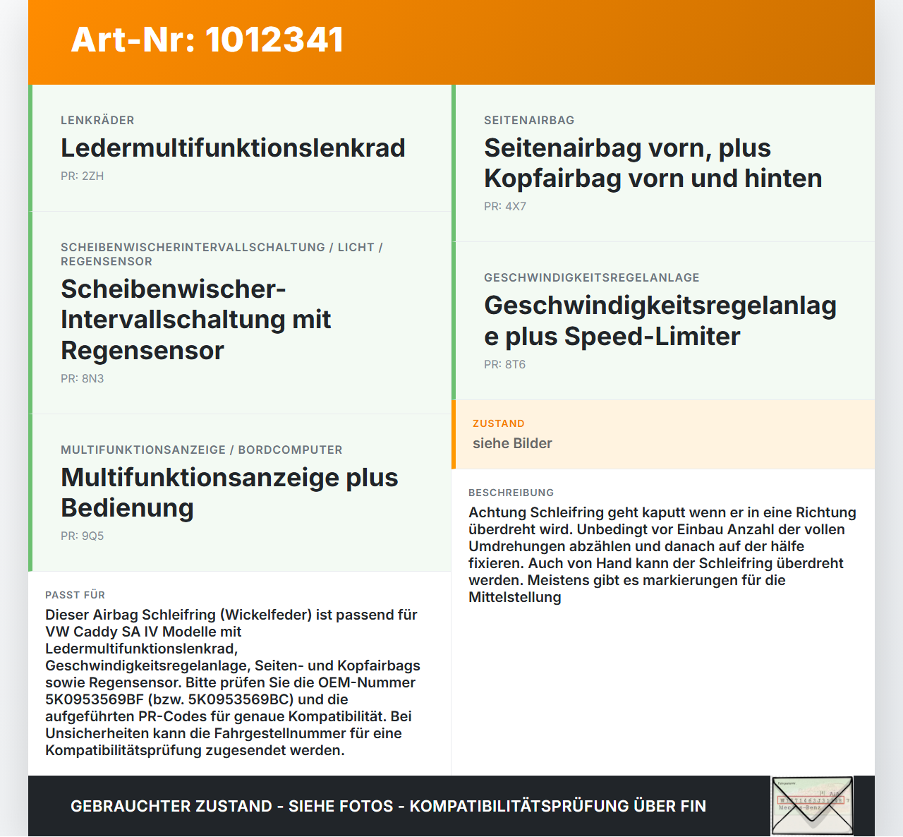 VW Caddy SA IV 15-20 Airbag Schleifring Wickelfeder VW Caddy SA IV 15-20 11.04.2019 5K0953569BF 416.305 5K0953569BC... Vorschau 3