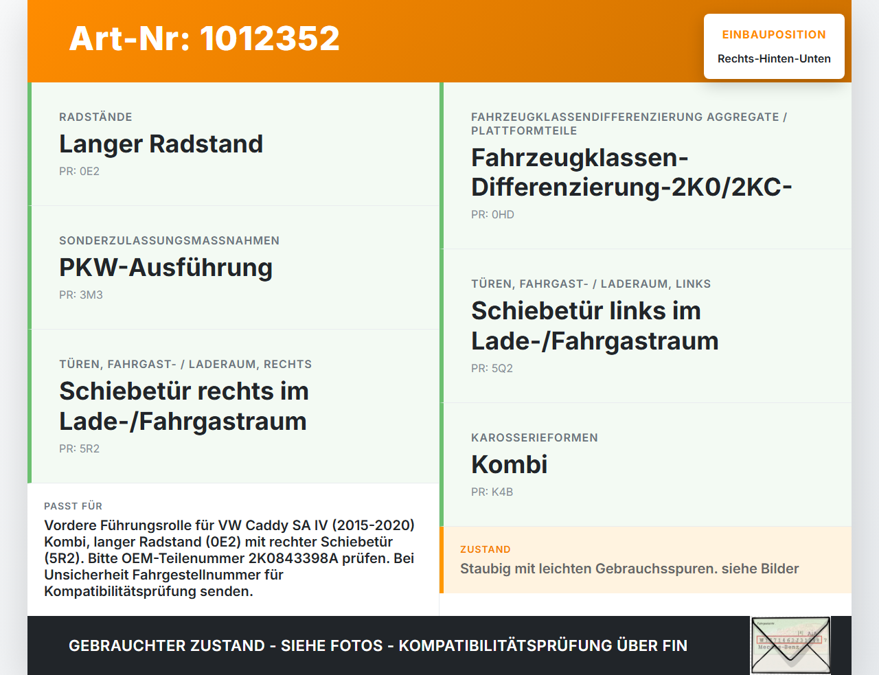 VW Caddy SA IV 15-20 Kombi Vordere Führungsrolle f. Schiebetür Rechts Hinten Unten VW Caddy SA IV 15-20 11.04.2019... Vorschau 3