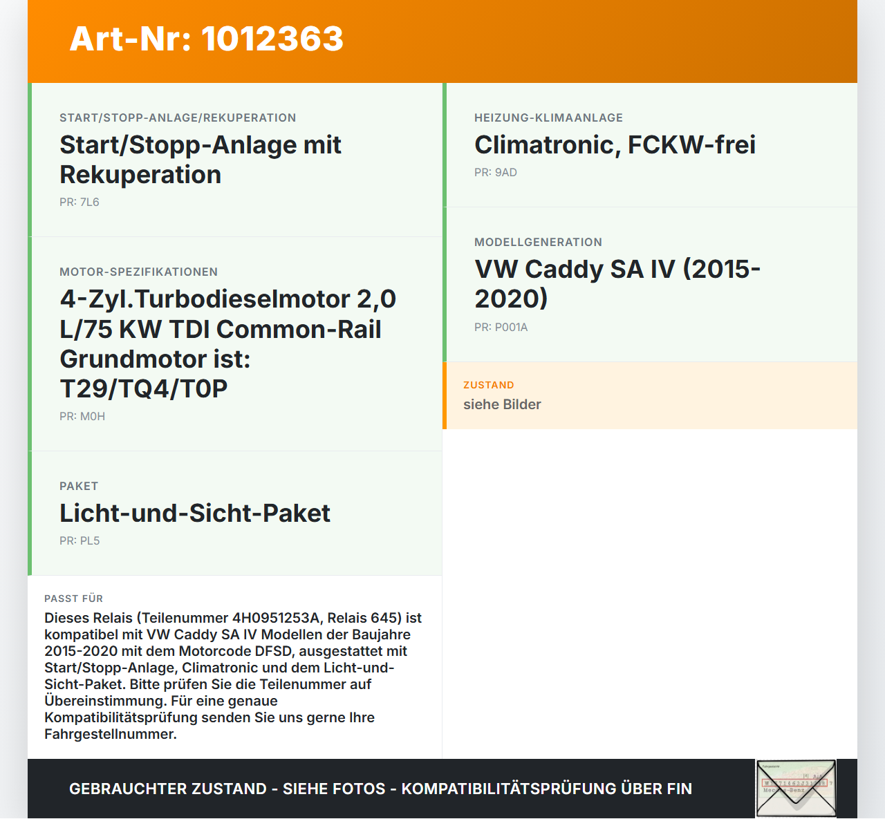 VW Caddy SA IV 15-20 Relais 645 VW Caddy SA IV 15-20 11.04.2019 4H0951253A gebraucht Vorschau 3