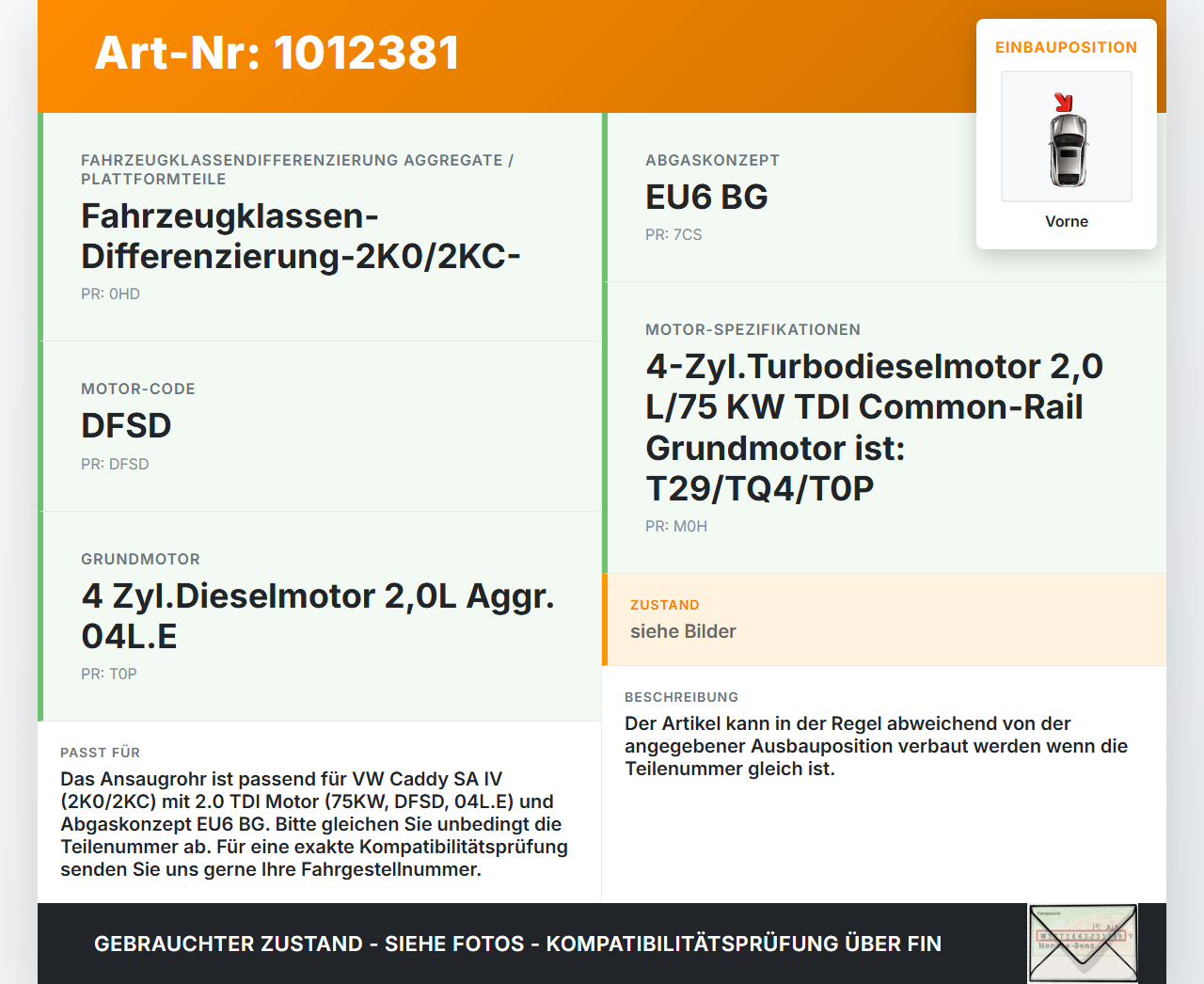 VW Caddy SA IV 15-20 TDI 2,0 75KW Ansaugrohr Ladeluftkanal Ladeluftführung Vorne VW Caddy SA IV 15-20 11.04.2019... Vorschau 3